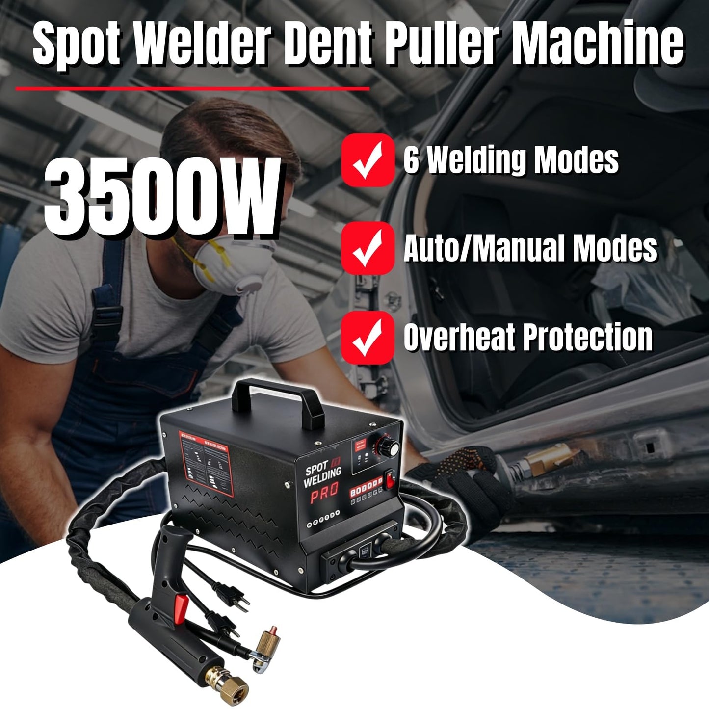 Mixizap Stud Welder Dent Repair Kit, 110V 3500W Spot Welder Dent Puller Machine, Auto Body Dent Removal Tool with 6 Welding Modes, Auto & Manual Dual Mode for Car Dent Repair