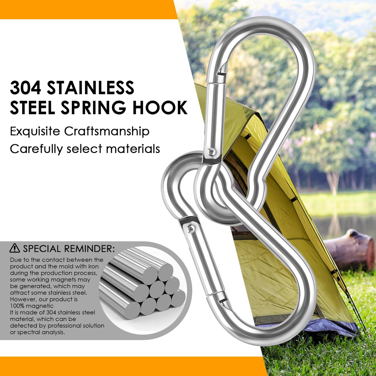 KATUMO M7 Heavy Duty Snap Hooks, 2.75 inch Carabiner Clip Quick Link, 418LBS Holding Capacity Stainless Steel Spring Clips for Hanging Hammock Climbing Hiking Traveling Camping Indoor & Outdoor