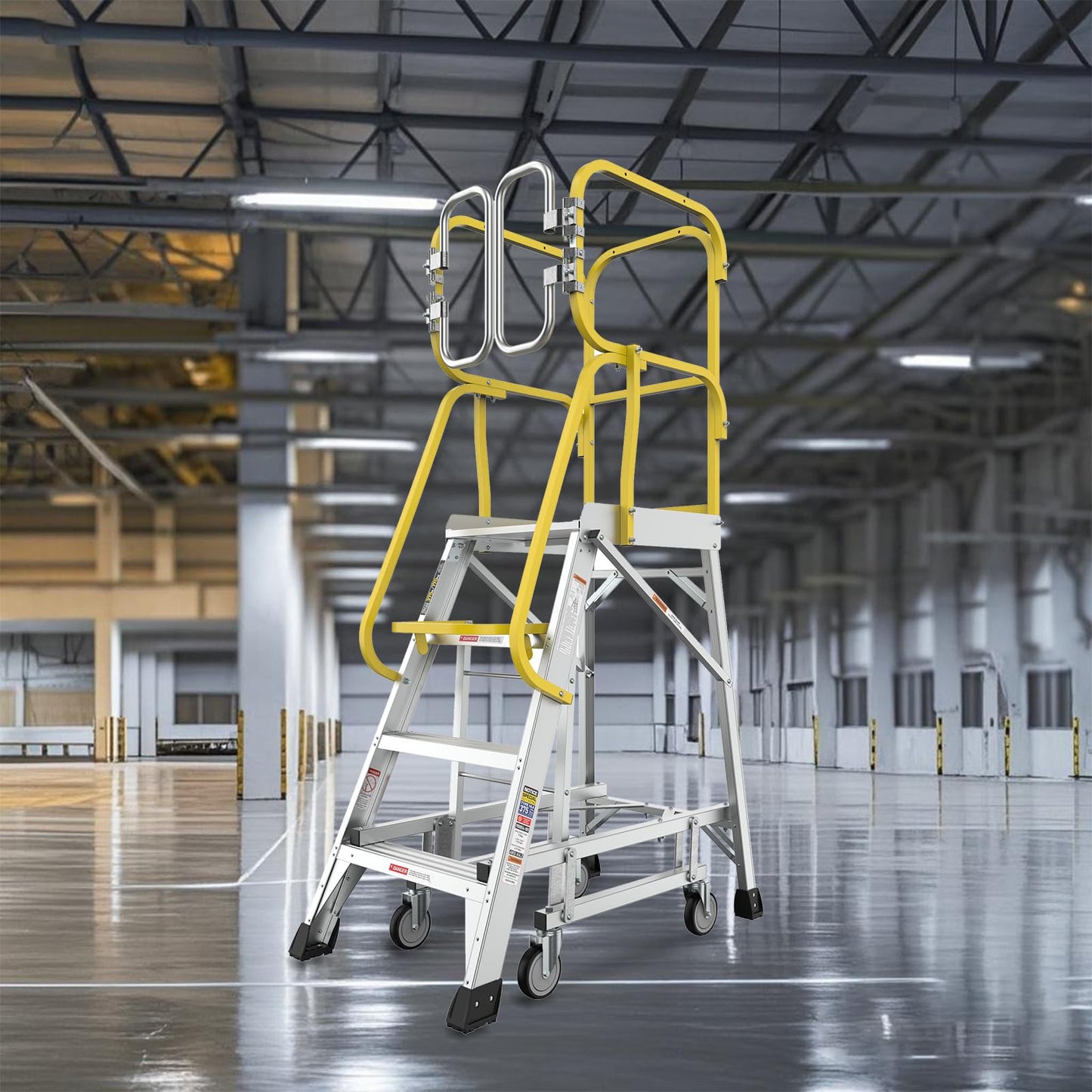 4-Step Aluminum Rolling Platform Ladder, 375 LBS Capacity, Mobile Work Platform with 20"x24" Anti-Slip Standing Surface, Steps Ladder with Wheels & Secure Safety Gate, Meets ANSI Standards