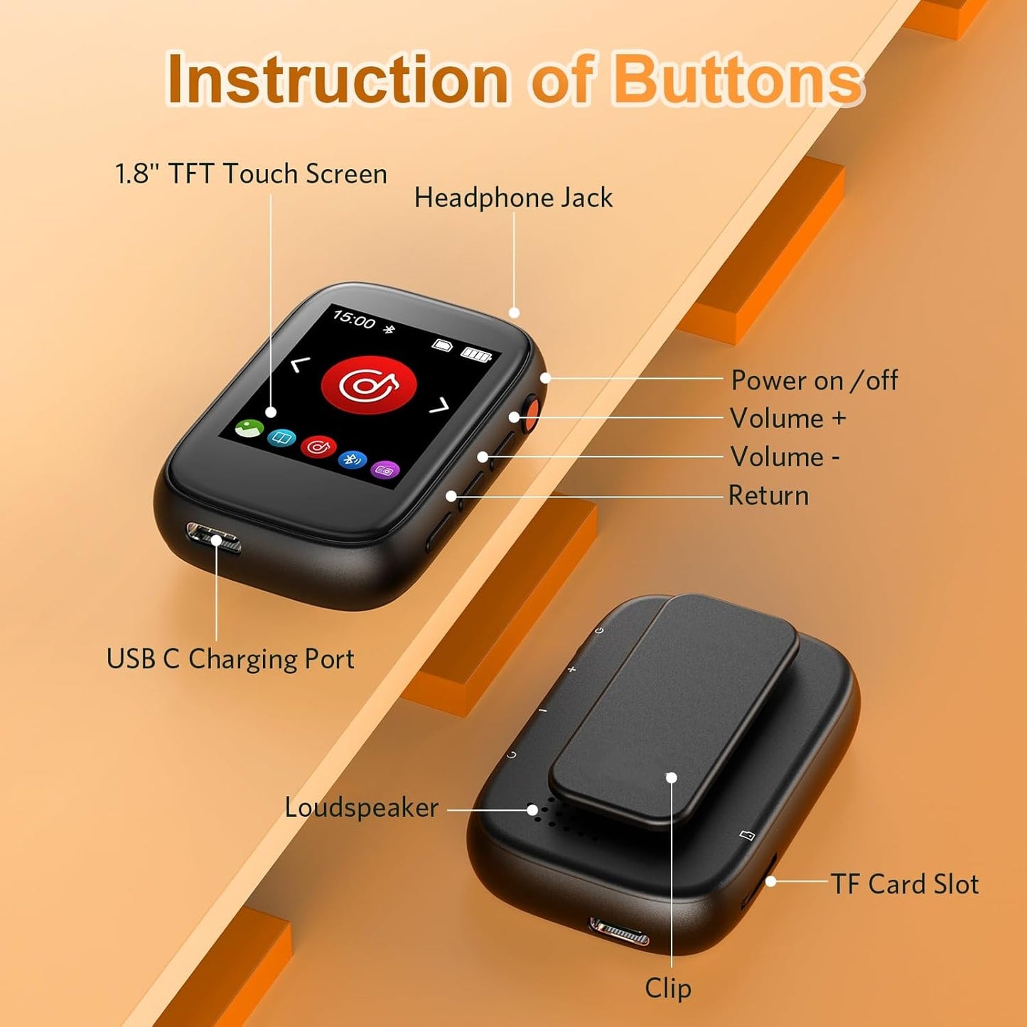 Colorcool Mp3 5.3, 512GB Player with Bluetooth Portable Kids Music Player with Clip on Back,Touch Screen,Biult-in Voice