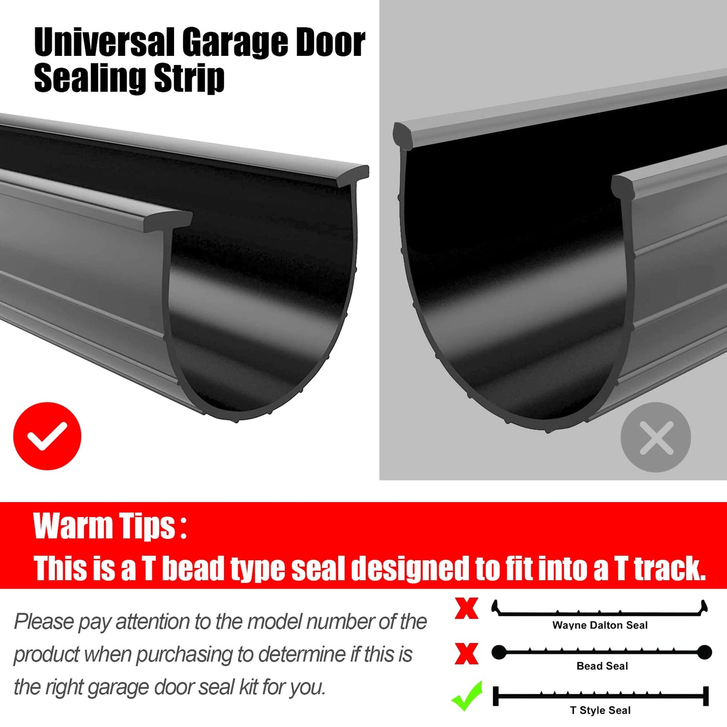 T Ends Weatherproofing Garage Door Seals Fits U-Bottom Garage Door Bottom Weather Seal,5/16" T Ends,3 1/4" Width, Replacement 16' Wide Garage Doors