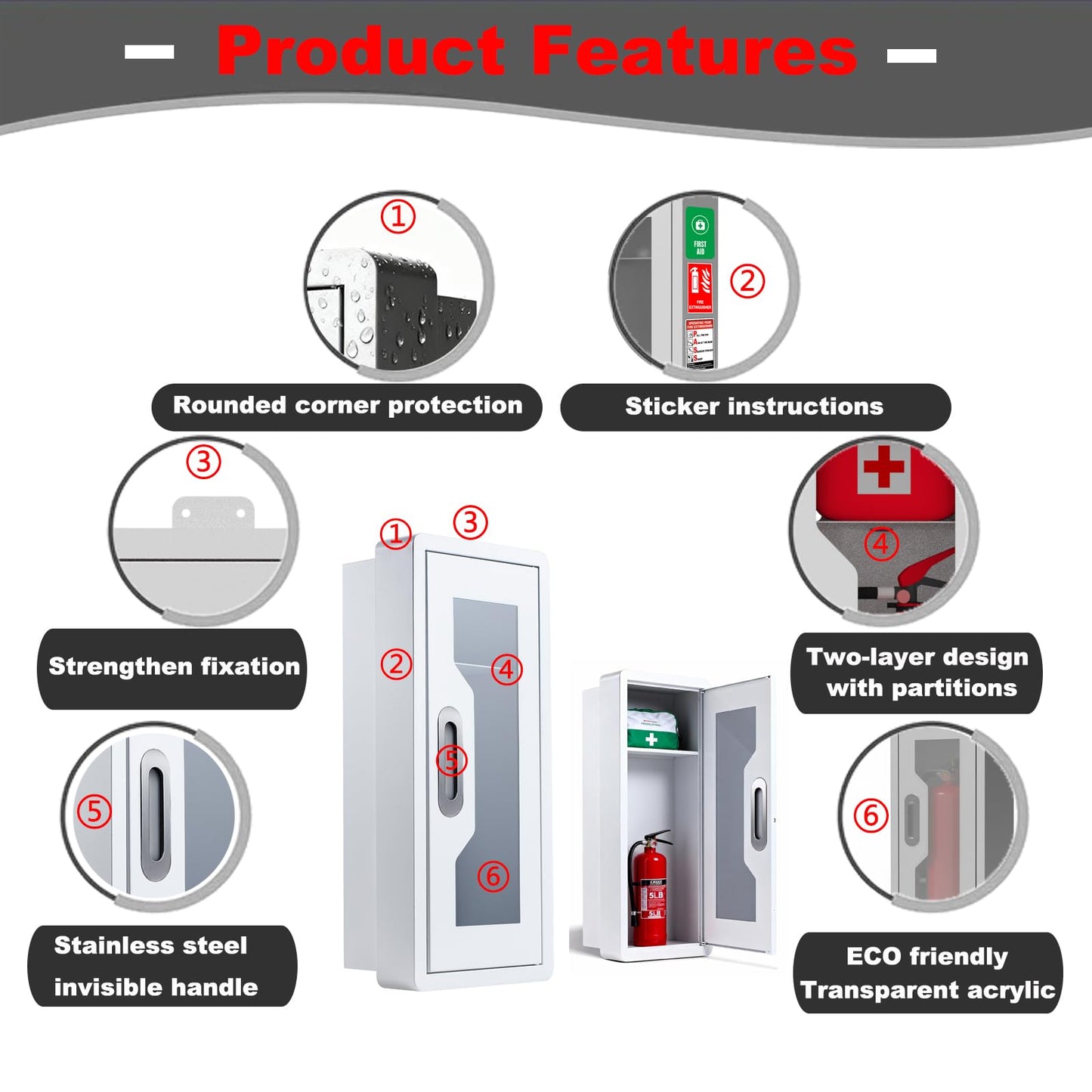 Steel Fire Extinguisher Cabinet, Magnetic Door with Acrylic Window Holds 2.5/5/10 LB Extinguisher & First Aid Kit, Semi-Recessed & Wall Mount Cabinet for Indoor/Outdoor (1PCS, White) (1, White)