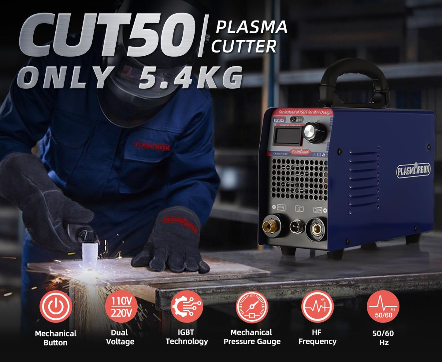 PLASMARGON CUT50 Plasma Cutter Machine,50Amp Dual Voltage 110V/220V IGBT Inverter 1/2 Inch Clean Cuts Portable Air Plasma Cutting Machine,LED Digital Display Fit DIY Friendly