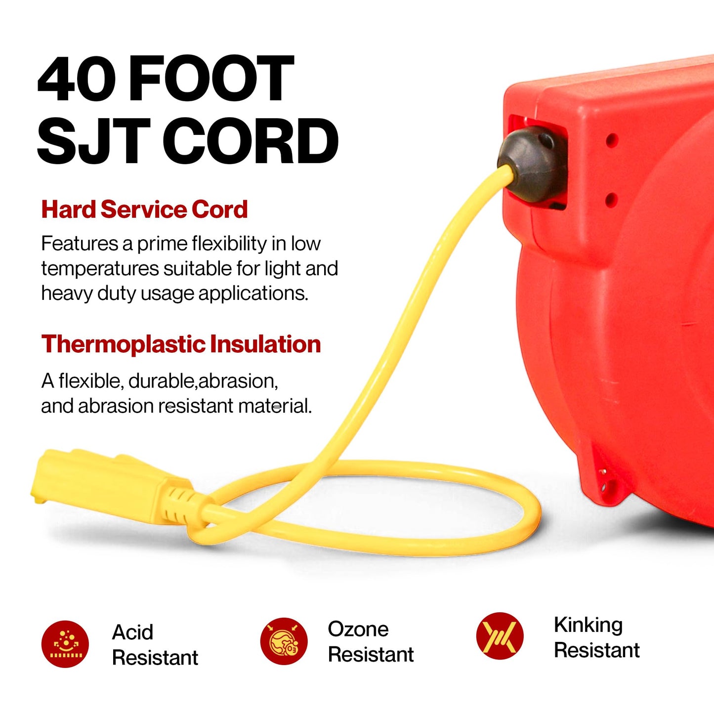 ReelWorks Retractable Extension Cord Reel Polypropylene 12AWG x 40' Foot Industrial Commercial Grade 3C SJT Cable Triple Tap Connector 15A 125VAC 1875W 60Hz Current Interrupter Best for Indoor Use