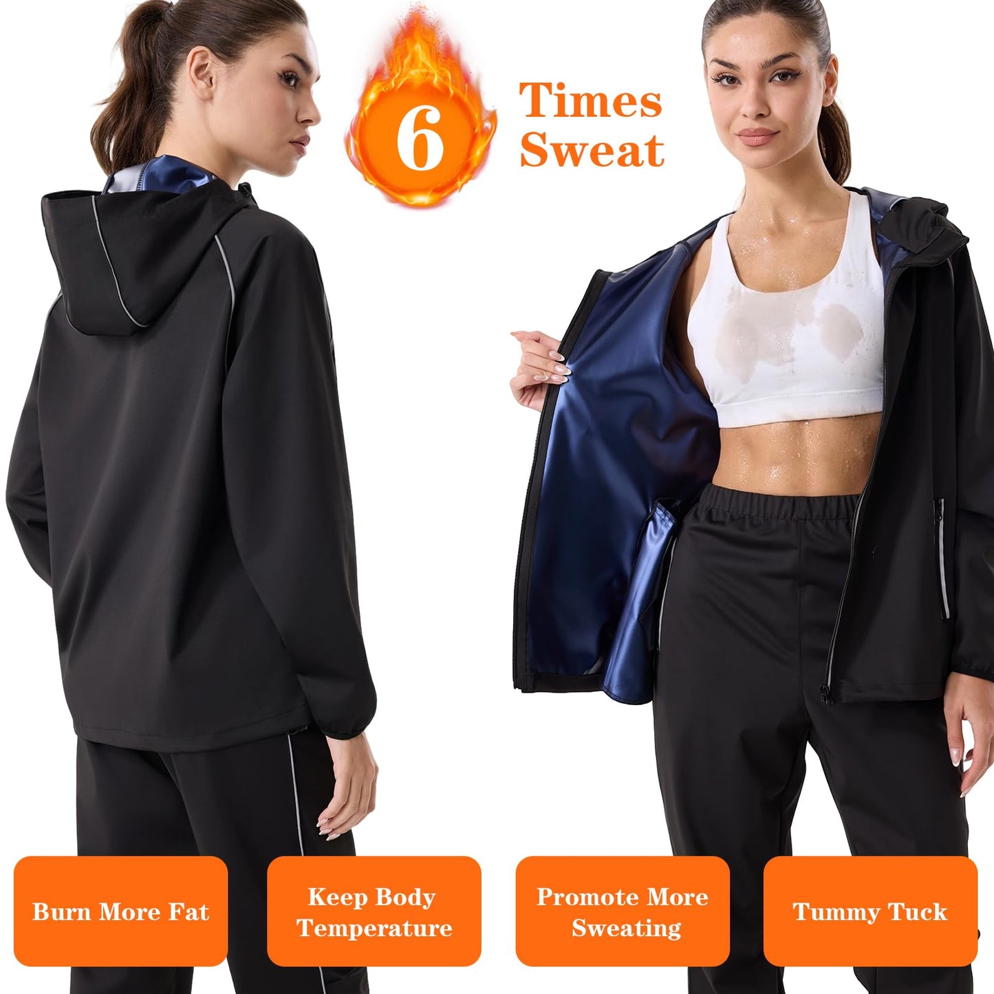 Donason Women's Sauna Suit Sweat Shapewear for Weight Loss Body Shaper with Zipper Heat-Trapping Long Sleeve Tops Workout Pants Durable Gym Fitness Sweatsuits Lightweight Exercise Jacket (Blue)