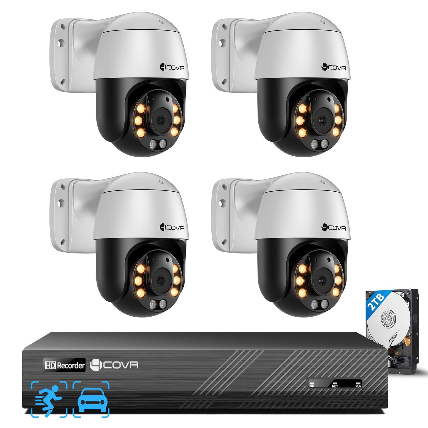 4COVR PoE PTZ Security Camera System, 350ｰ Pan 90ｰ Tilt 3X Digital Zoom, 4X 5MP PoE IP Camera, 8CH 4K NVR & 2TB HDD, AI Human Vehicle Detection, Smart Color Night Vision, Two Way Audio, LYM2XP5M0804