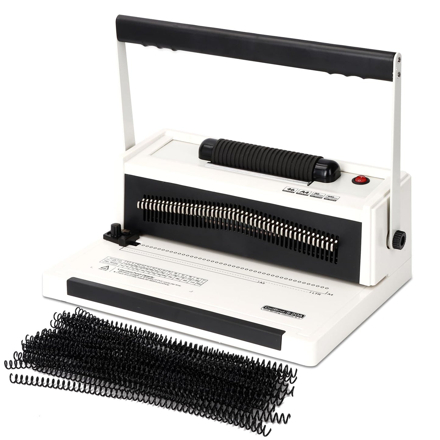 Vagbstu Spiral Coil Binding Machine with Electric Coil Inserter and Adjustable Side Margin, 20-Sheet Manual Punch,46 Fully Disengageable Dies,4:1 Pitch,Binds up to 500 Sheets - Includes 100 Coils