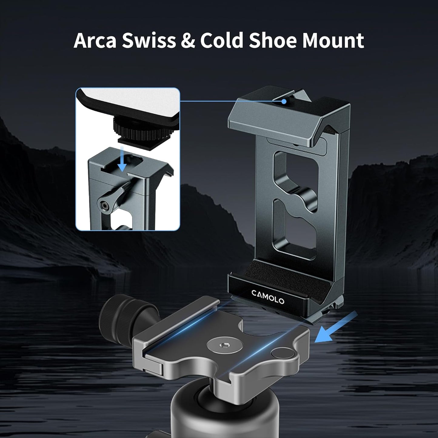 CAMOLO GEEK Metal Phone Tripod Mount Arca Port & Action Camera Adapter, Adjustable Smartphone Tripod Adapter Clamp Cell