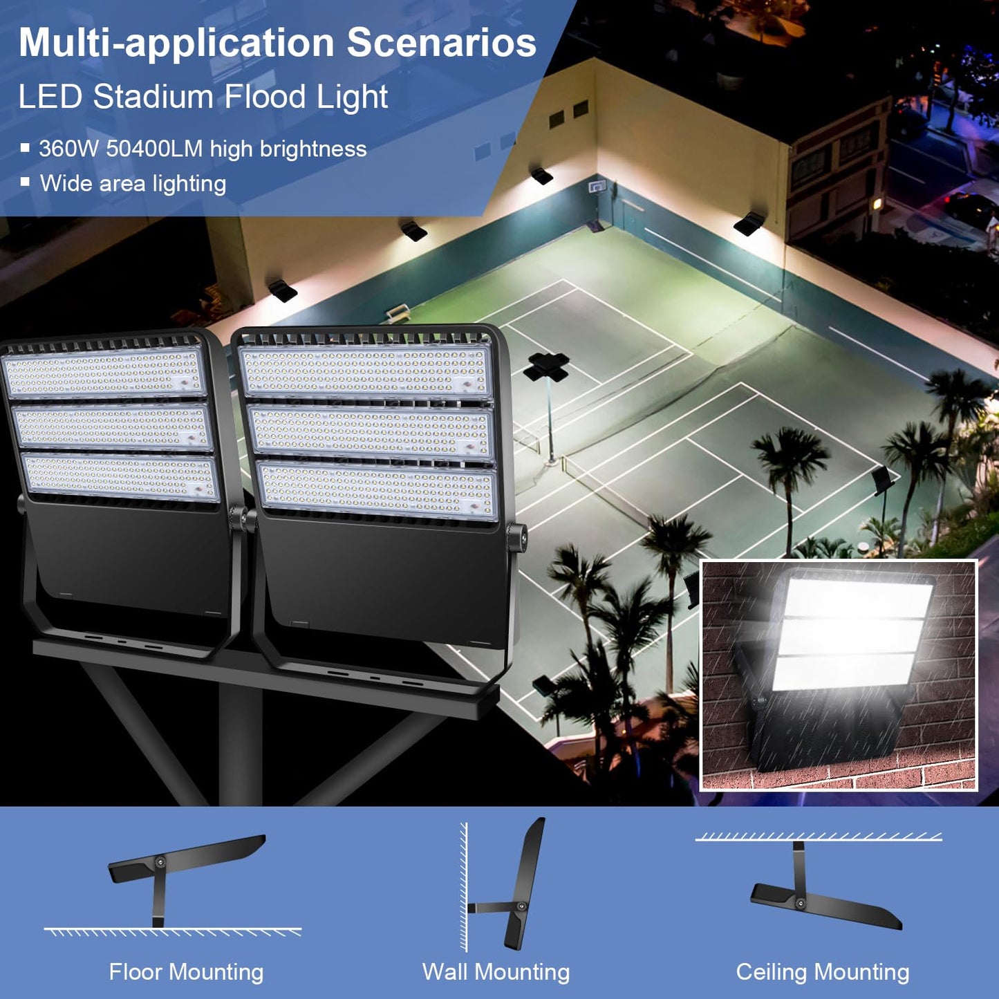 BIRITALO 52200LM LED Stadium Flood Light Commercial Eqv 2400W Super Bright 145LM/W 5500K 360W LED Arena Light Outdoor 85-277V IP65 Waterproof Backyard Wall Yoke Mount Fixture 2 Pack