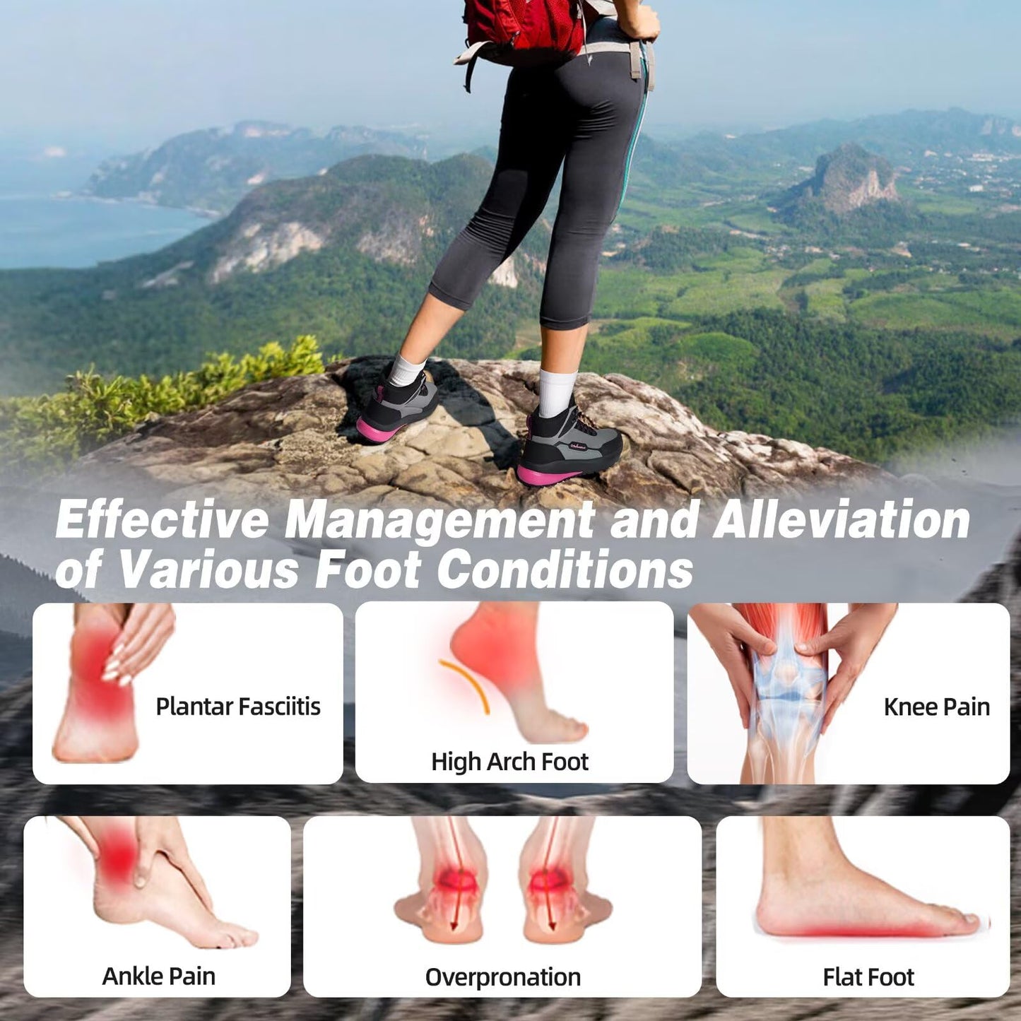 Women's Orthopedic Mid Trekking Hiking Boots: Plantar Fasciitis Orthotic Arch Support Bunions Recovery Fashion Boots, Comfortable Stylish Working Standing Walking Shoes Black Rose Red Size 8.5