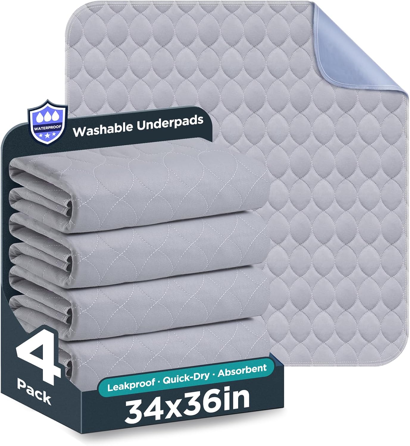 Skiennix Washable Bed Pads - Waterproof Incontinence Underpads | 34" x 36" | 4 Pack, Grey