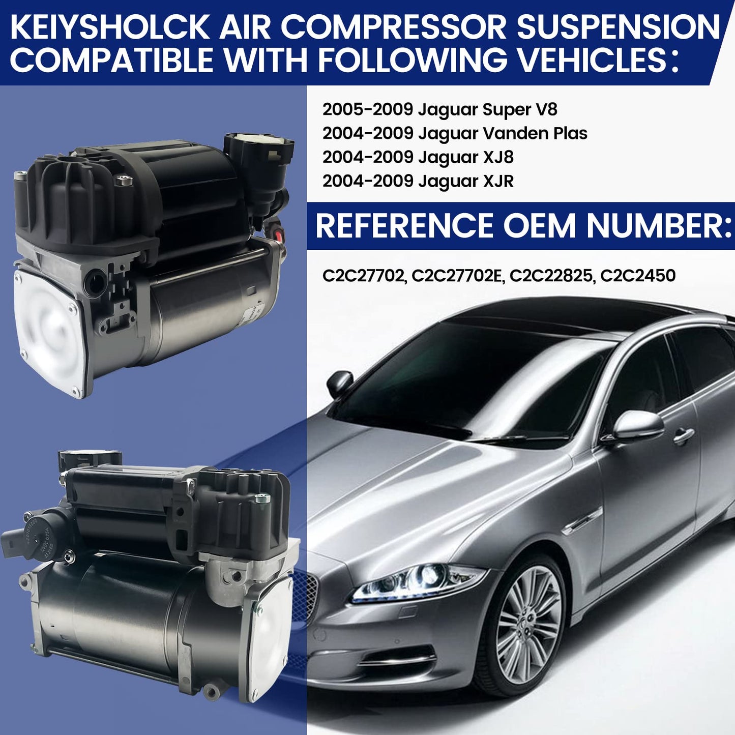KEIYSHOLCK Air Ride Compressor Suspension Pump Replacement for Jaguar Super V8 2005-2009, Vanden Plas 2004-2009, XJ8 2004-2009, XJR 2004-2009 C2C27702 C2C27702E C2C22825 C2C2450