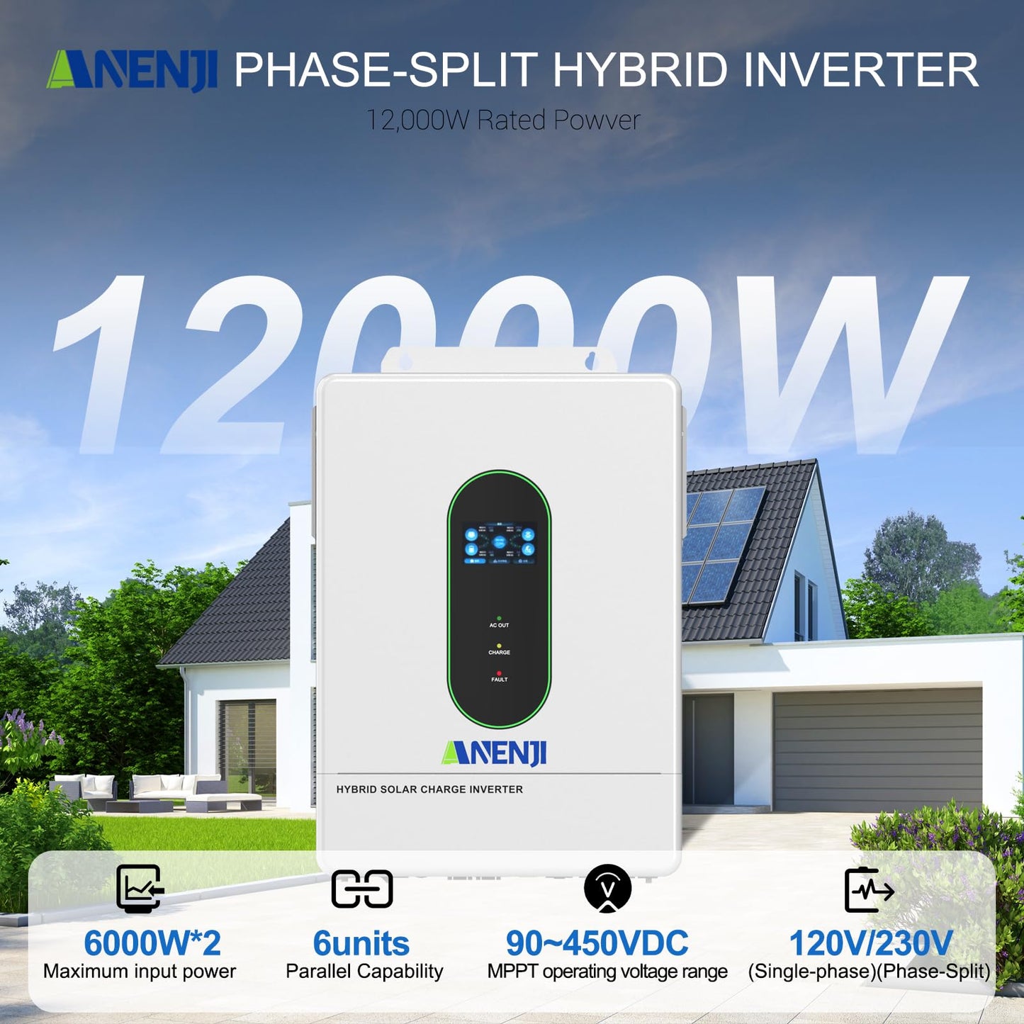 Aninerel 12000W Solar Hybrid Inverter 48V DC to 120V/240V AC Single Phase Split Phase Power Inverter, Pure Sine Wave, Built-in 2 MPPT Controller, Max. 220A Battery Charging, Parallel 6 Units, UL1741