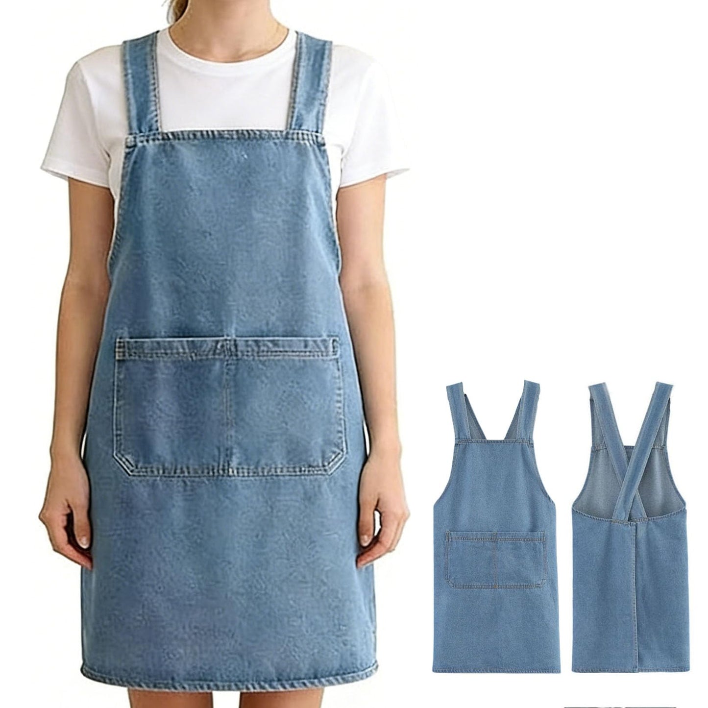 CCJHLYX Adult Jour Apron, Lightweight Cotton Apron with Front Pocket, Denim Cross Back Aprons, Durable & Stain-Resistant (Light Blue)