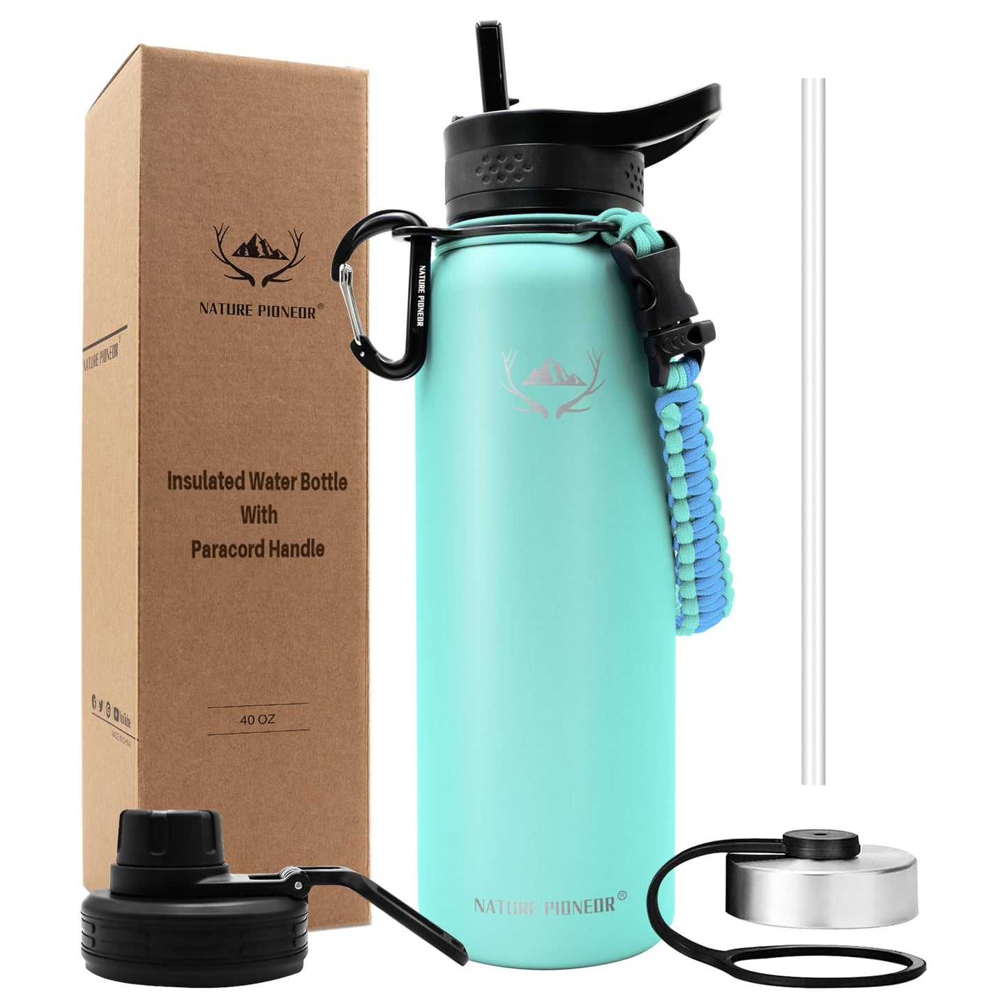 NATURE PIONEOR Insulated Water Bottles with Paracord Handle - 40 oz Vacuum Sports Wide Mouth Water Bottle with 3 Lids, Leak Proof Stainless Steel Keeps Hot and Cold
