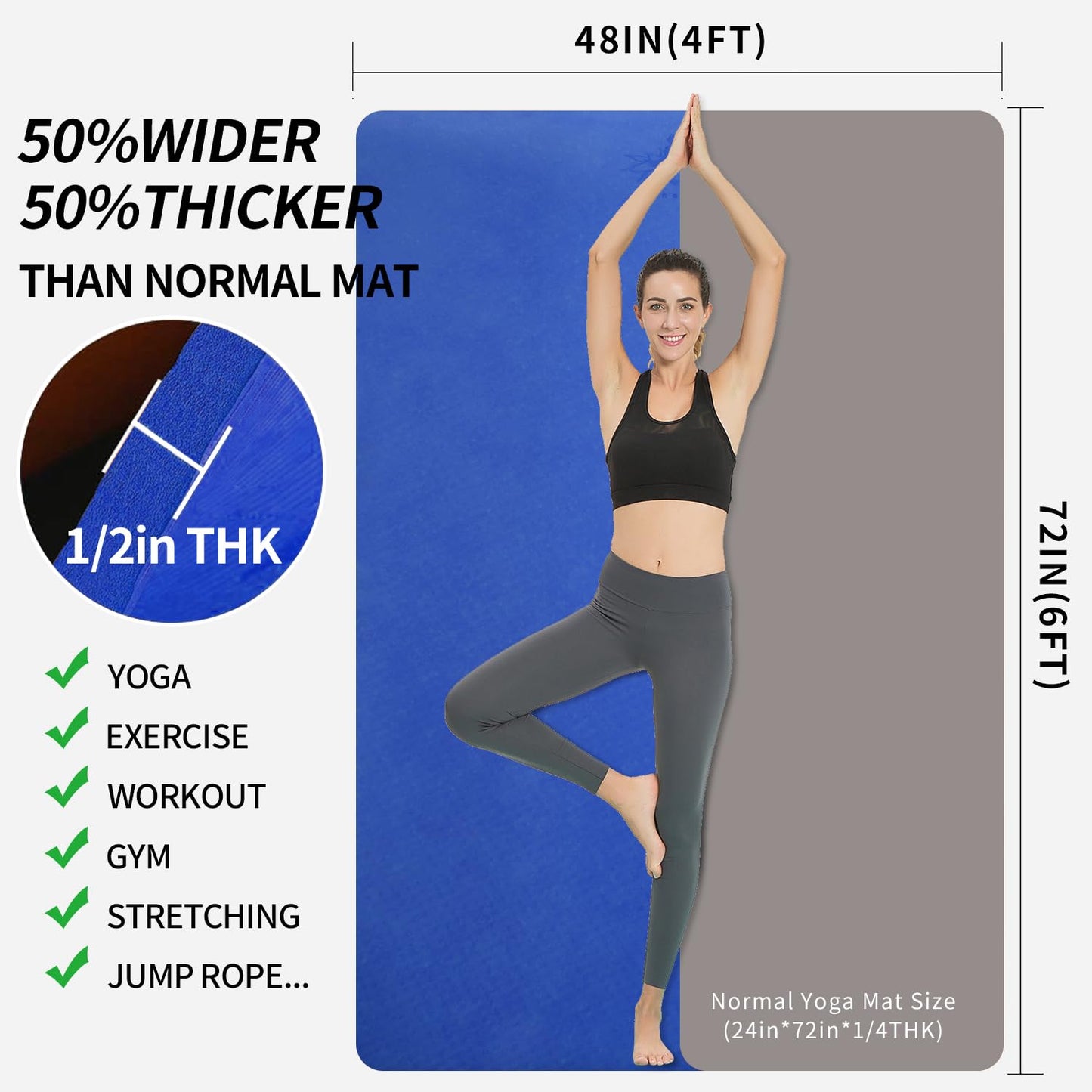 Hatha Yoga Large TPE Yoga Mat 6'x4'x1/2" Extra Thick Non-Slip Exercise Mat - for Yoga Pilates & Home Gym Workouts(Blue)
