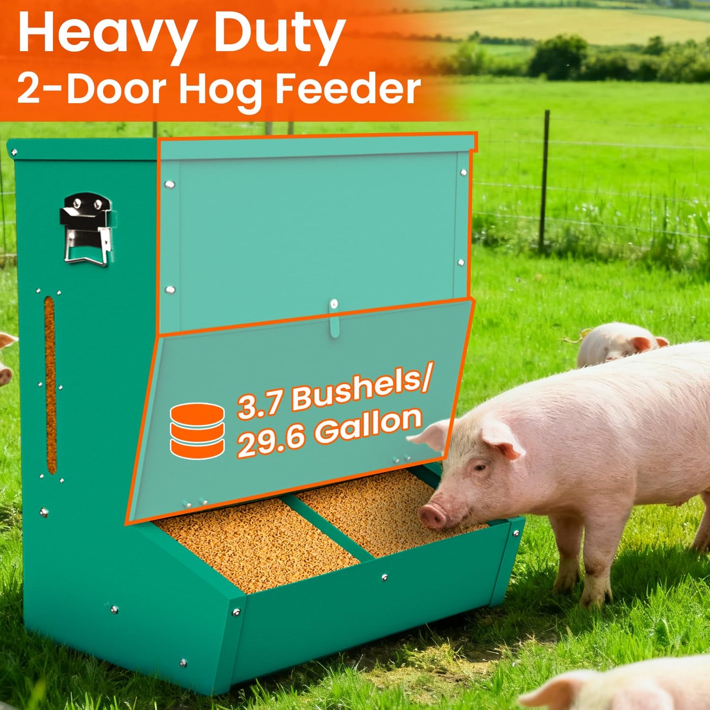 PURRPAXZ Pig Feeder, 2-Door Heavy Duty Galvanized Steel Hog Feeder,3.7 Bushels Capacity,Outdoor Pig Feeders with Visable Feed Design, Livestock Feeder for Barn, Farm, Feeding up to 5 Small Hogs, Green