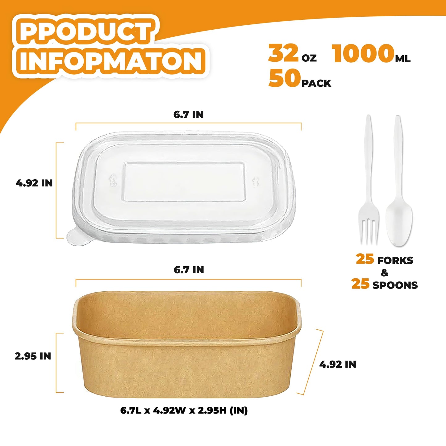 Kaderron 50 Pack 32 OZ Large Paper Bowls with Lids【with Spoons and Forks】, Heavy Duty Disposable Meal Prep Containers for Party, Disposable Bowls Bulk Soak-Proof and Microwave Safe for Hot/Cold Use