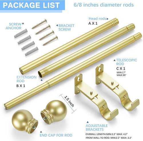 Max Adjustable Curtain Rods by [Brand Name] - 16 to 48 Inches | Warm Gold Finish, 6/8" Diameter, Pack of 1