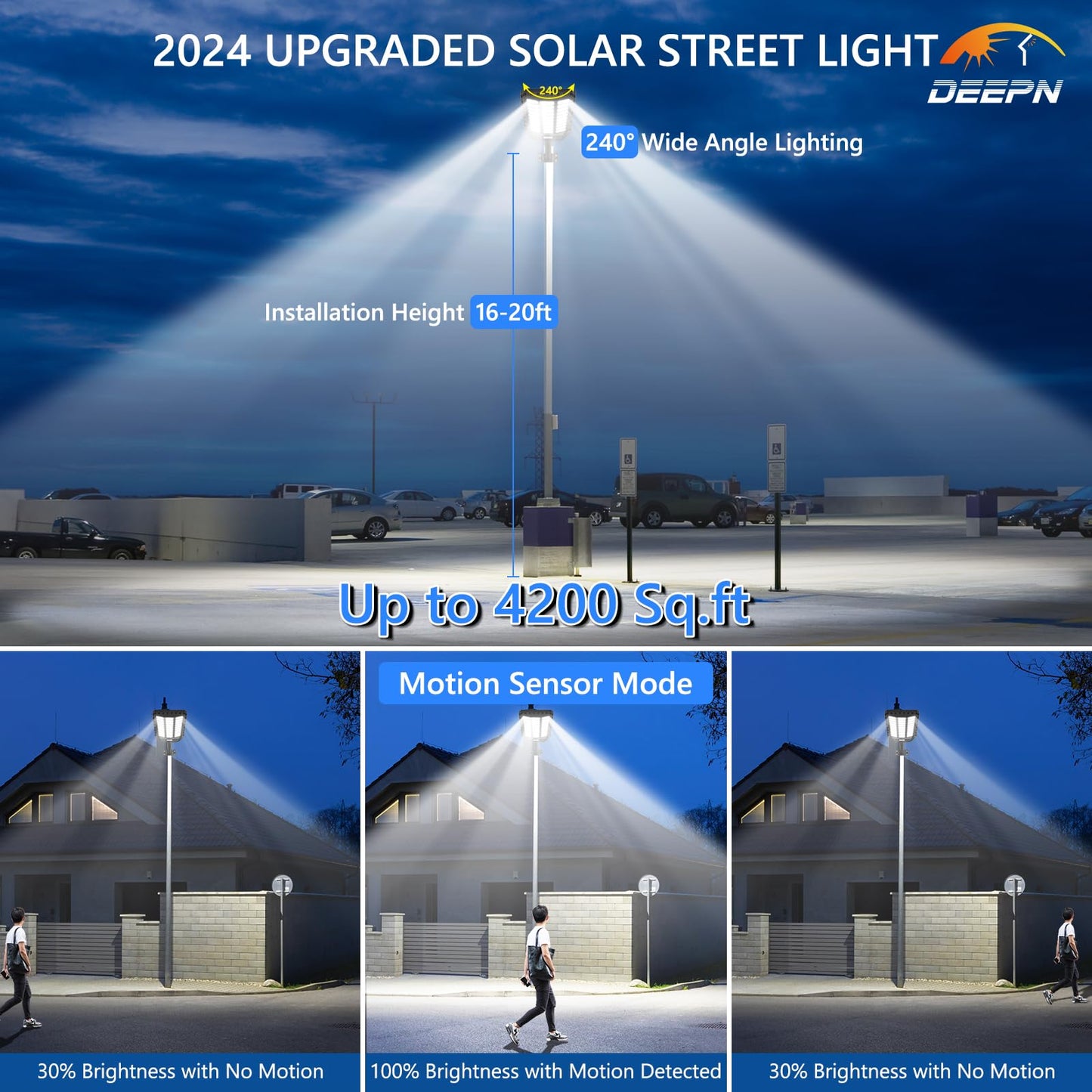 Deepn Solar Street Light, Commercial Grade Solar Lights Outdoor IP67 Waterproof, 9800W LED Flood Security Lights Motion Sensor & Dusk to Dawn Outdoor Lighting for Parking Lots, Streets & Yard, 1 Pack