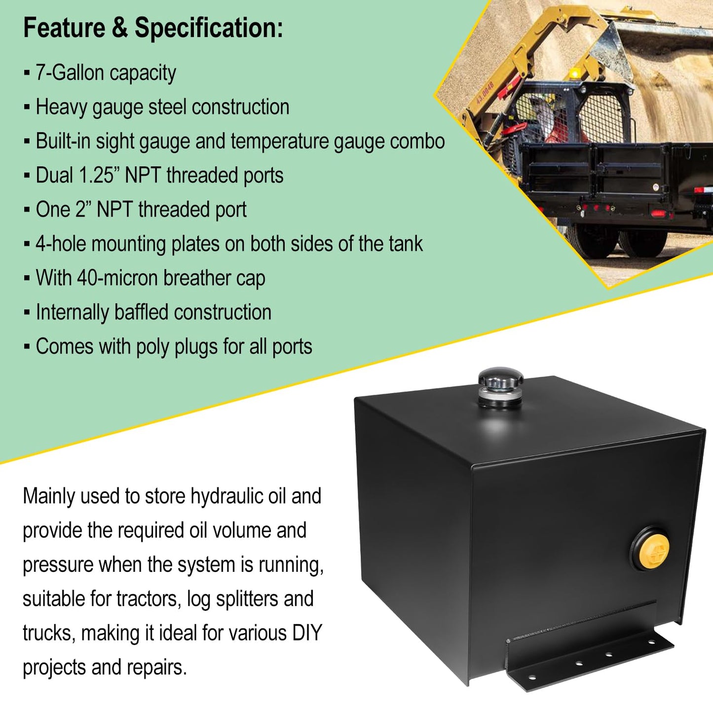 7-Gallon Hydraulic Fluid Reservoir Oil Tank For Tractors, Trucks & Log Splitters, Built-in Sight Gauge/Temp Gauge Combo, Heavy Duty Steel Construction, Horizontal-Mount