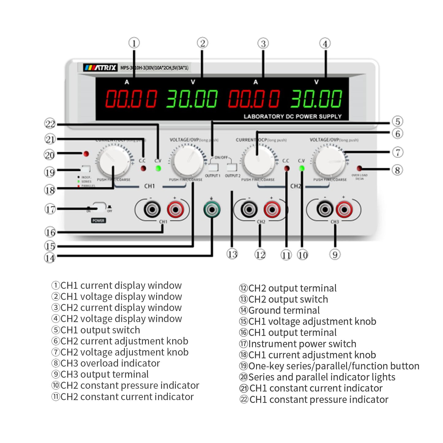 Dc Power Supply Variable 30V 10A, Triple Output Power Supply 615W, MATRIX MPS-3010H-3 Adjustable Linear DC Bench Power Supply 10mV/1mA High Resolution, Voltage/Current Display in Series/Parallel Mode