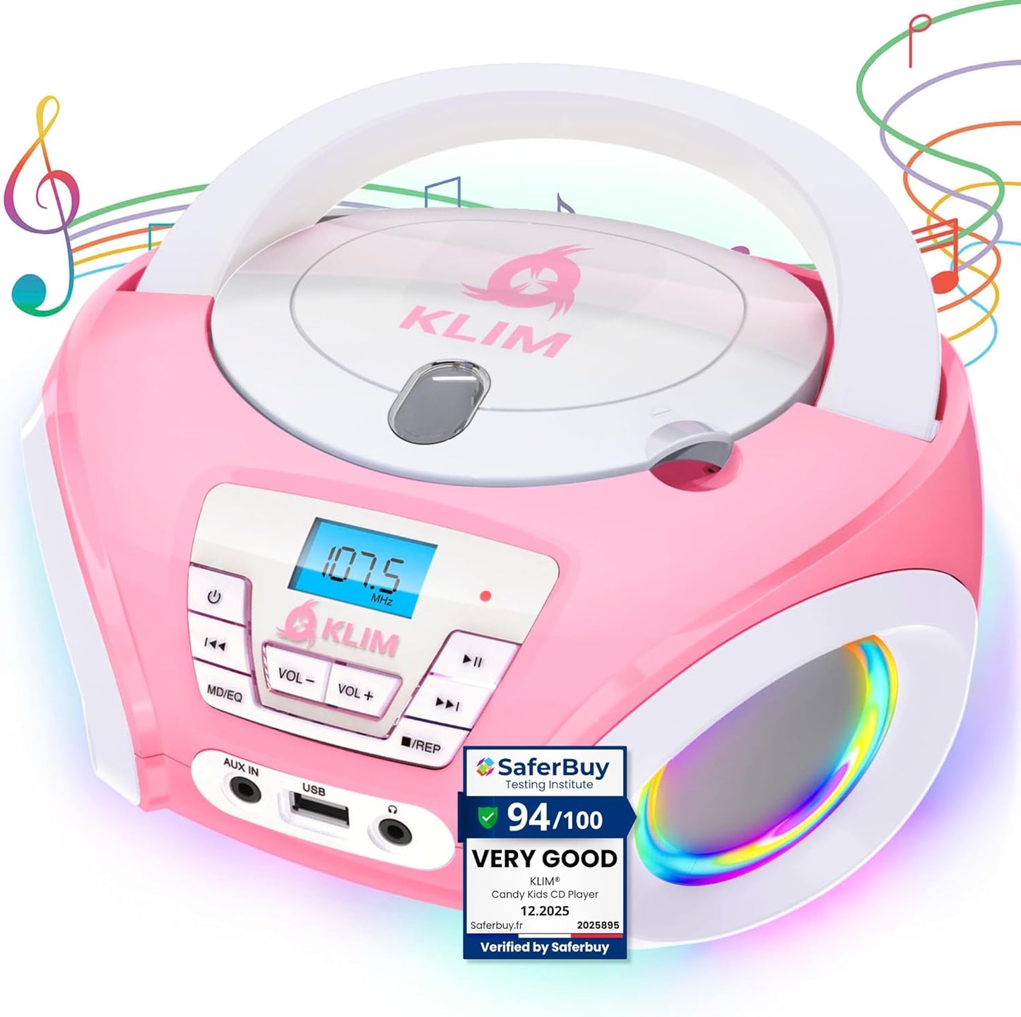 KLIM Candy Kids Portable CD Player New Version Boombox with FM Radio & Speakers Includes Batteries Cute Pink Design