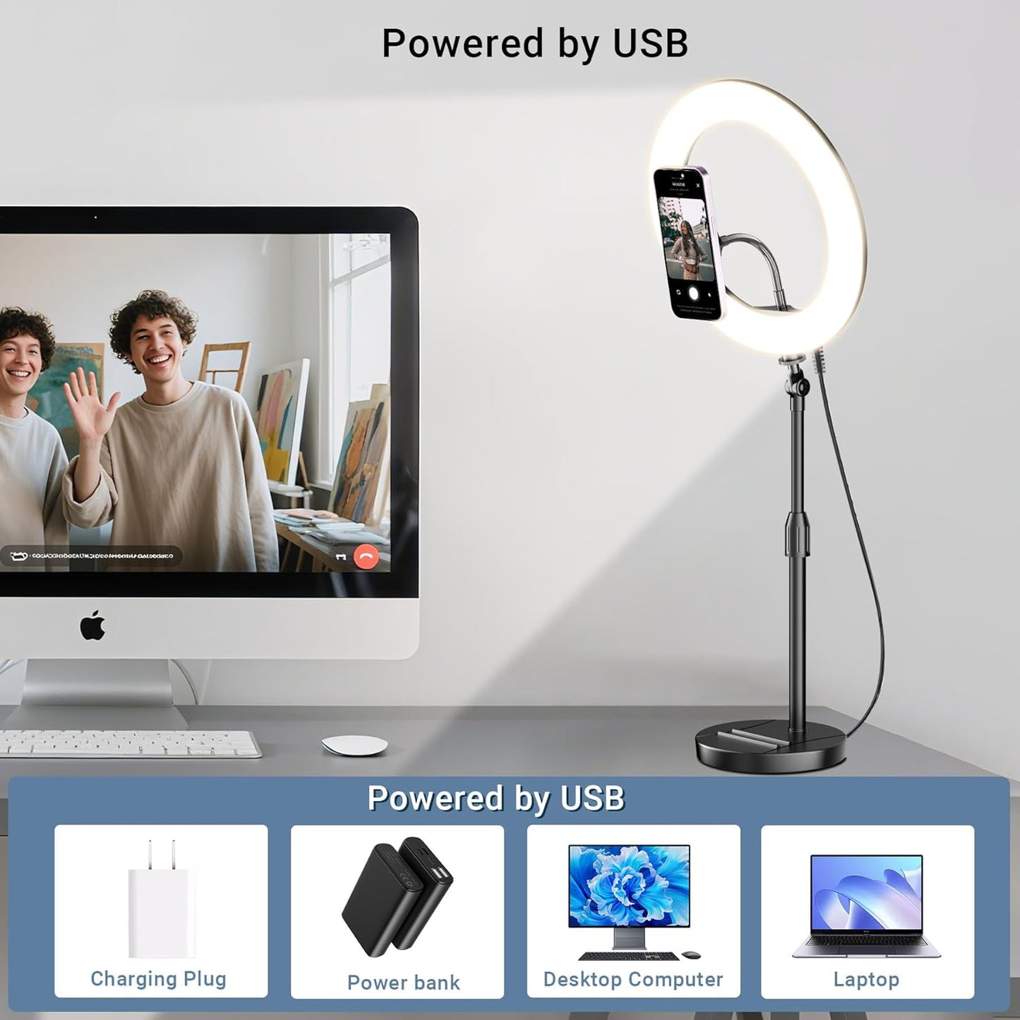 Wowcati 10'' 3 Desk Ring Light with Magnetic Phone Holder, Video Conference Podcast Lighting Kit for Laptop Computer