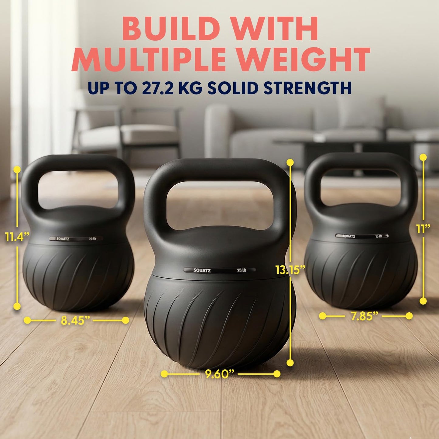Squatz Soft Drop Kettlebell Set for Home Gym Strength Training - Cushioned Base Kettlebell Set with Wide Grip Handle, Floor-Safe Design, 15 lb, 20 lb, and 25 lb Weights for Full Body Workouts