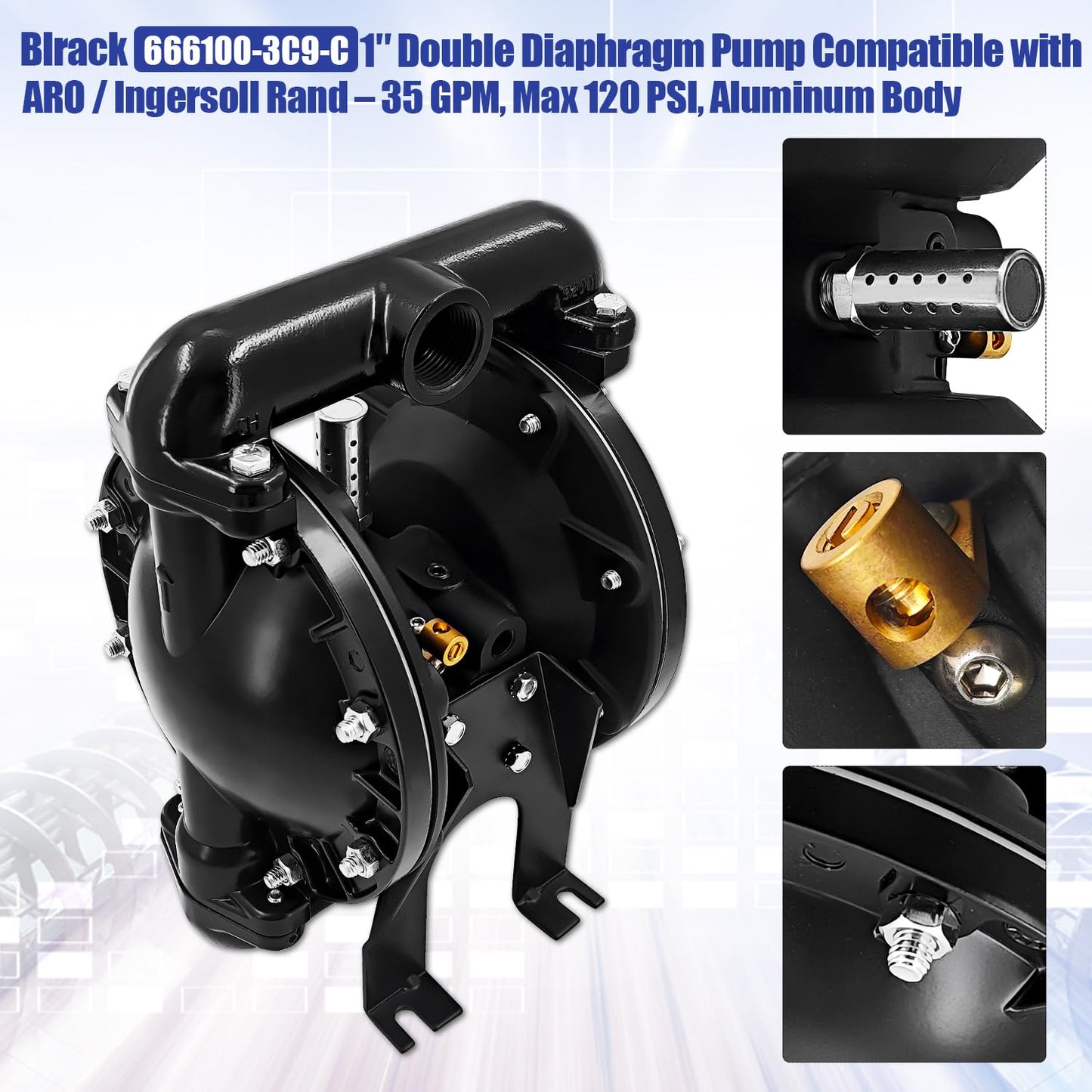 Blrack 666100-3C9-C Double Diaphragm Pump Compatible with ARO/Ingersoll Rand – 35 GPM, Max 120 PSI, 1 Inch, Aluminum Body, Replaces 6661003C9C