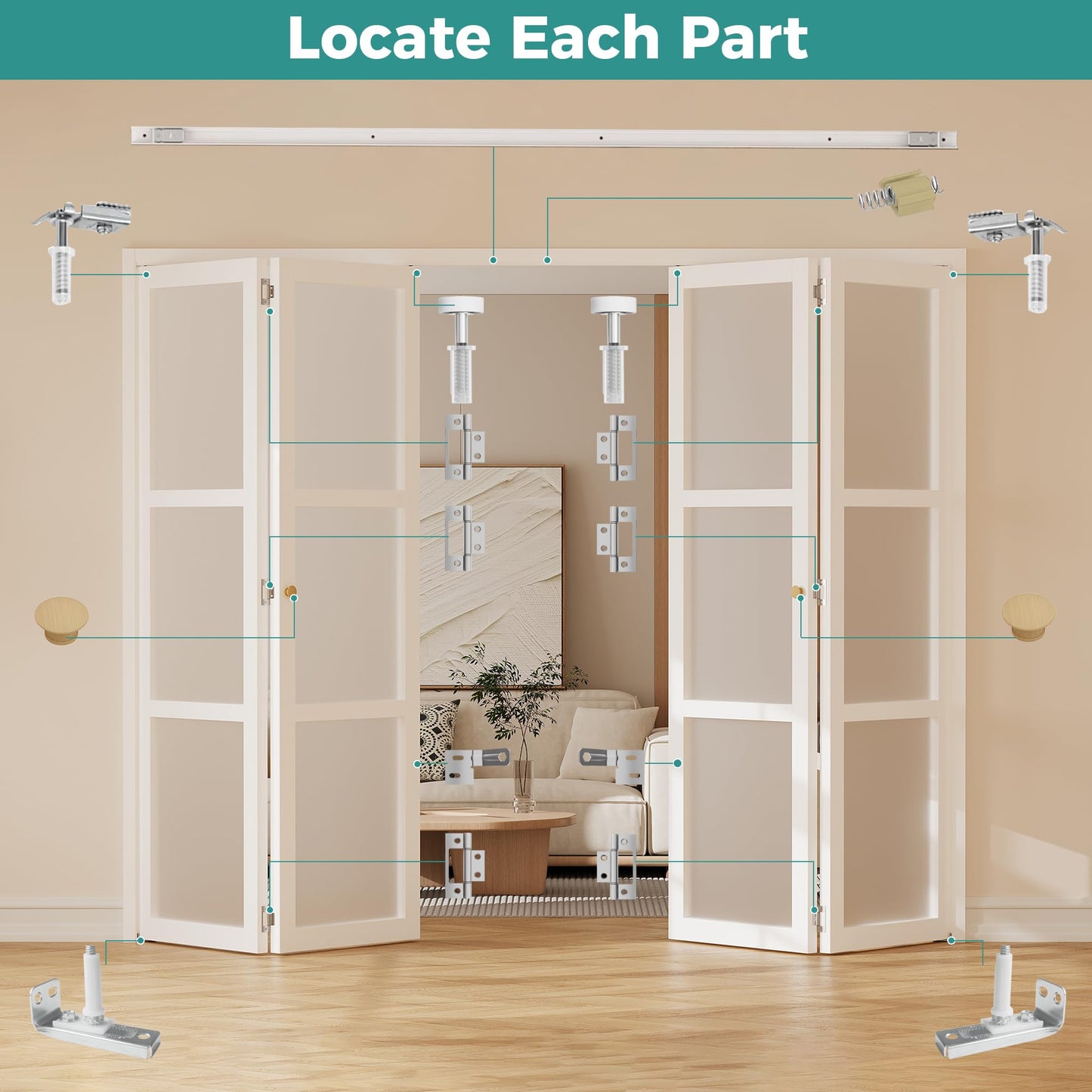 Ocyfym Closet Bifold Door Hardware & 30 Inch Track 2-Pack Kit, Combine for 60 in Door, Bi Folding Doors Puertas Repair Replacement Kit, with Rail Floor & Top Bracket Pivot Pin Guide Roller Hinge Knob