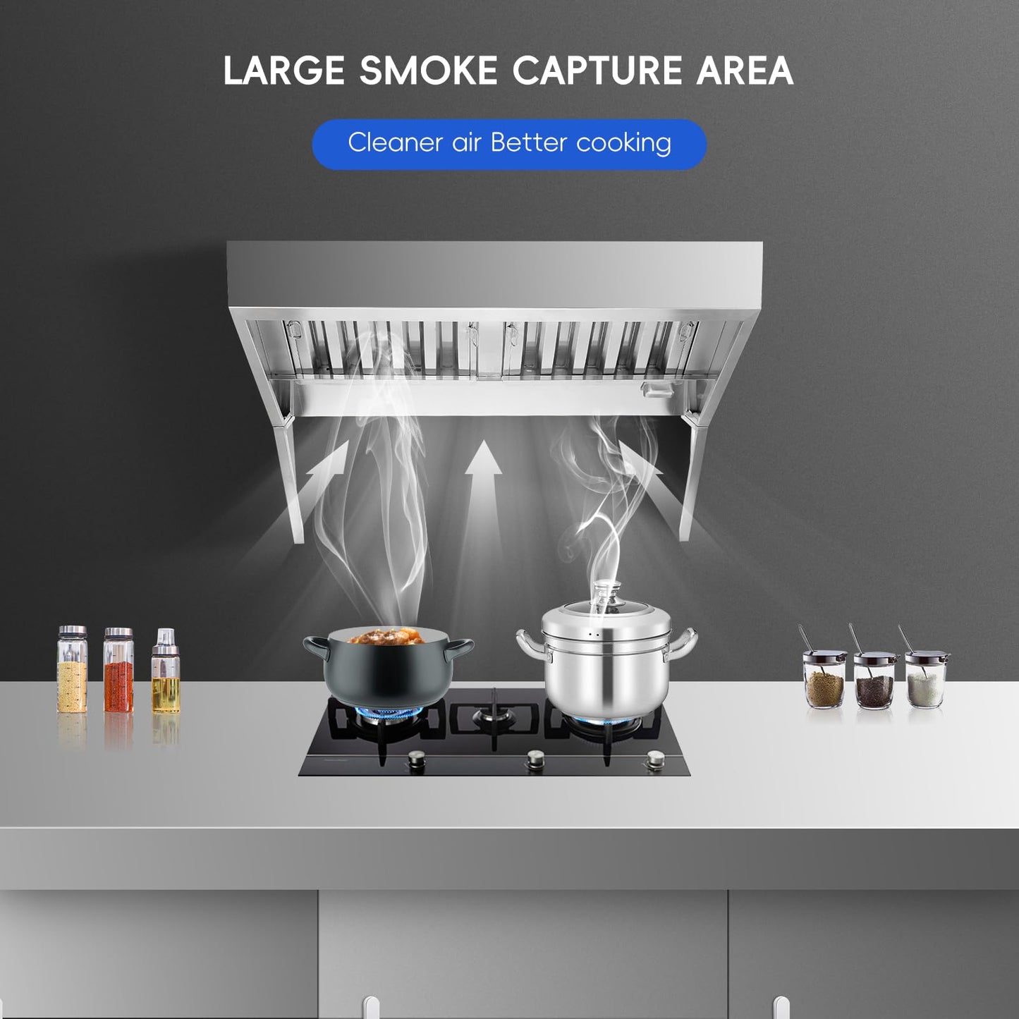 4FT Commercial Exhaust Hood with 2 Detachable U-shaped Grid Oil Filter Mesh, Rust-Resistant, 201 Stainless Steel Concession Trailer Food Truck Exhaust Vent Hood, for Restaurant Kitchen