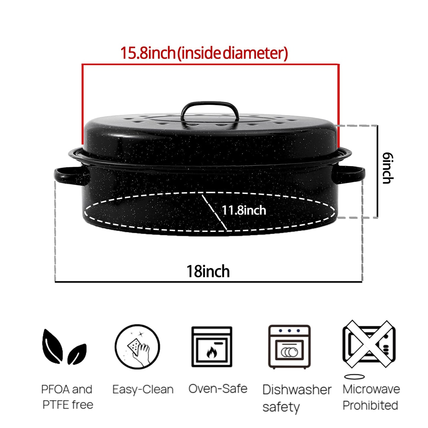 Turkey Roaster Pan 18in Roasting Pan With Lid Enamel Carbon Steel Roaster Pot with 16in Inner Diameter,18 Pound Large Capacity High Temperature Resistance Oval Cookware
