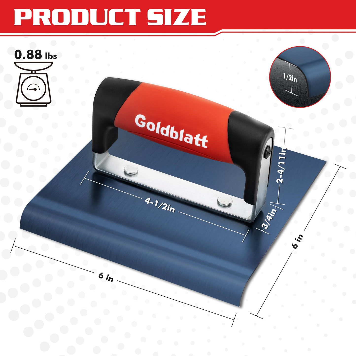 Goldblatt Concrete Edger Tool, 6" x 6" Blue Steel Edger (3/8"R, 1/2"L), Durable High Carbon Steel Concrete Finishing Tools - Masonry Hand Tool with Soft Grip, Sturdy Steel Mounting