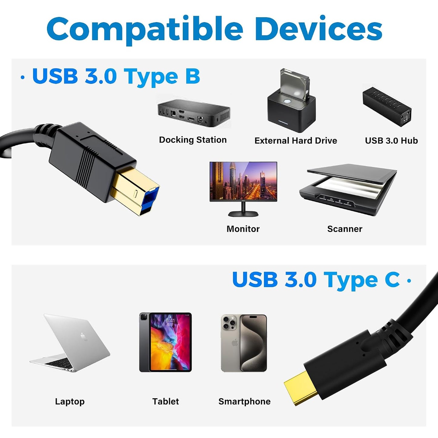 3.0 4 3.0 USB C to B Cable FT, USB-C-Male to USB B-Male Cable, Gold-Plated Connectors, Compatible with Docking Station