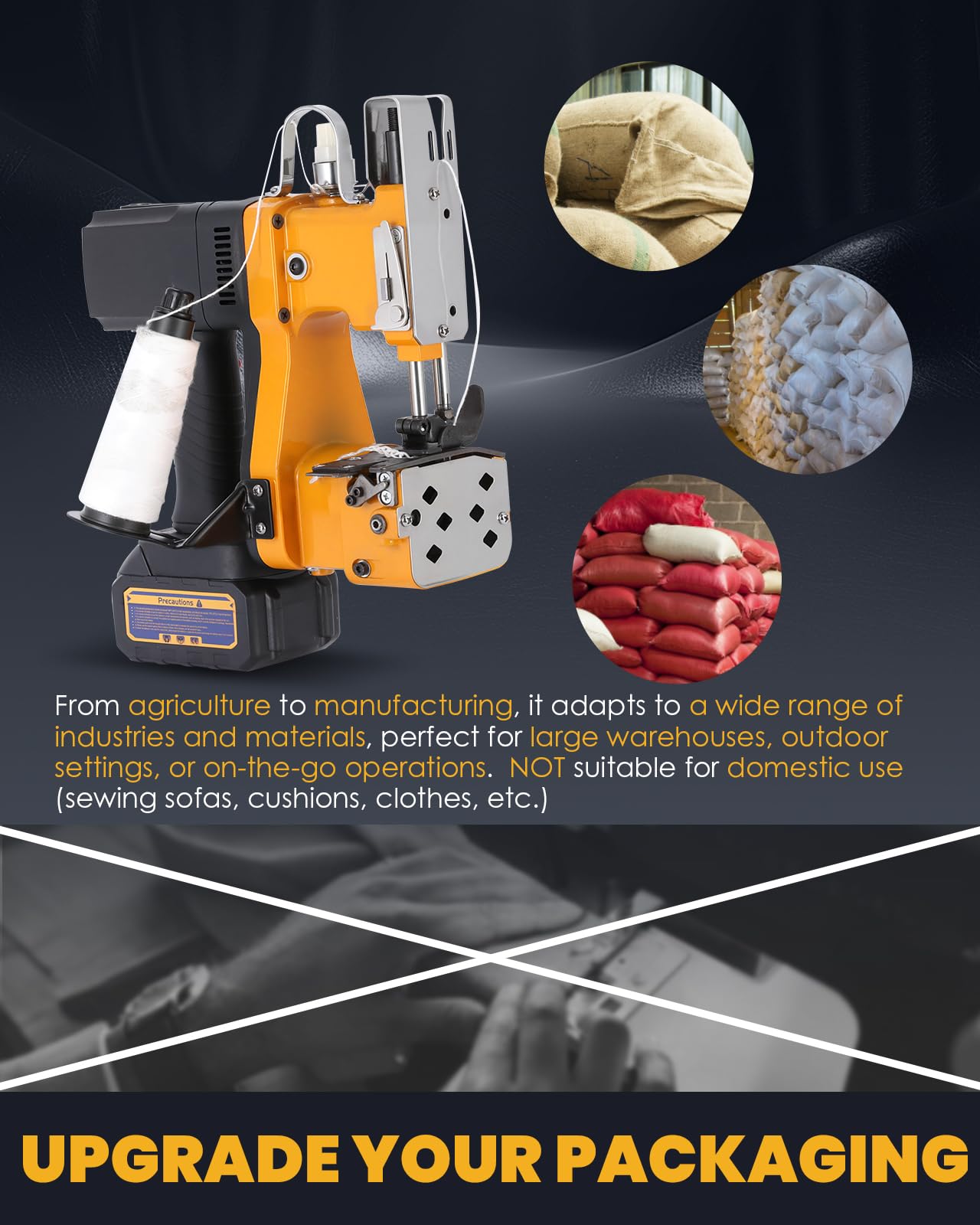 Cordless Bag Sewing Machine for Burlap, Woven Polypropylene & Feed Bags – Rechargeable Lithium Battery Portable Sack Sewer – Heavy Duty Bag Stitcher for Grain, Flour, Rice, Pet Food & Seed Packaging