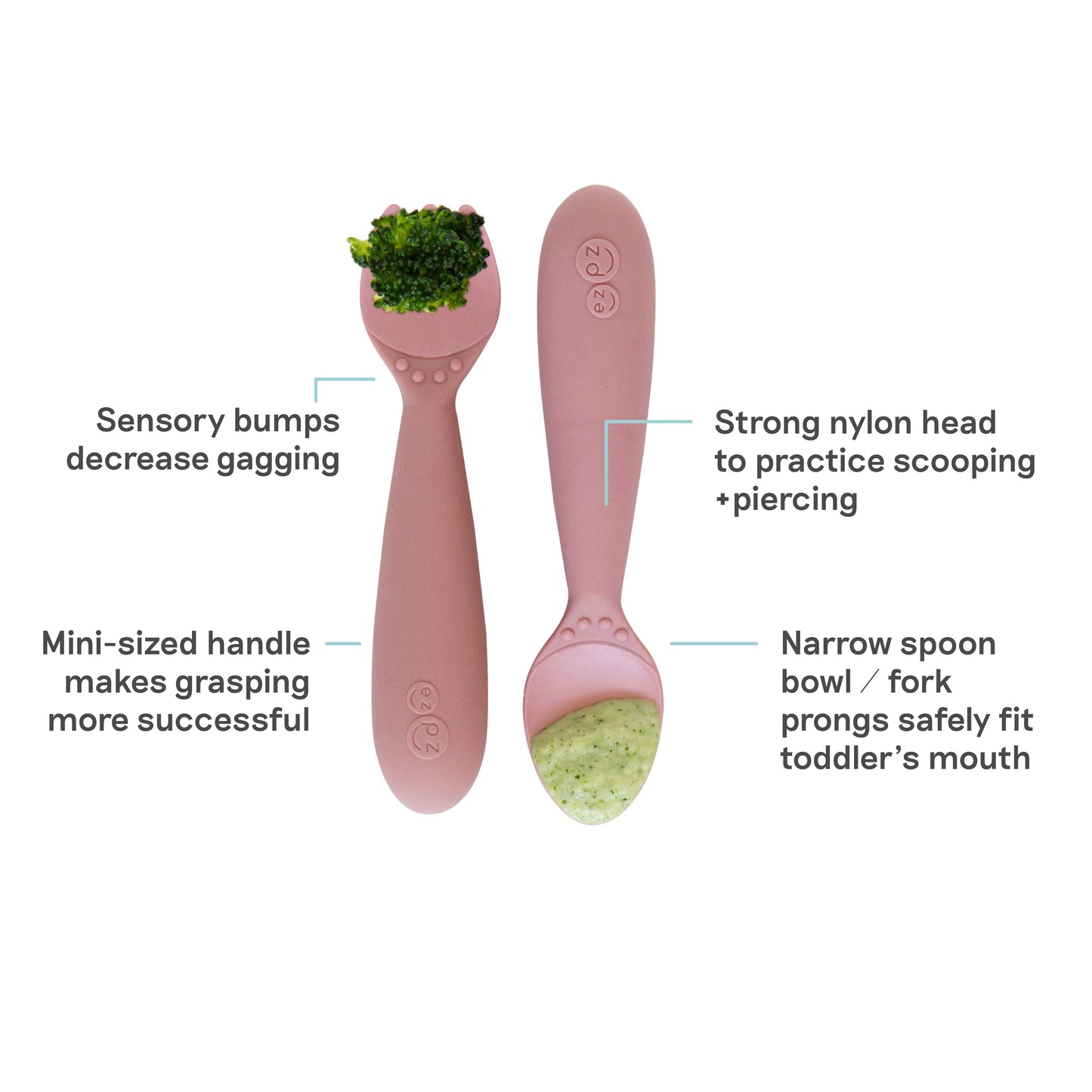 ezpz Mini Utensils - 12 Months+ (Fork & Spoon in Blush) - 100% BPA Free Fork and Spoon - Toddler Utensils - Designed by a Pediatric Feeding Specialist