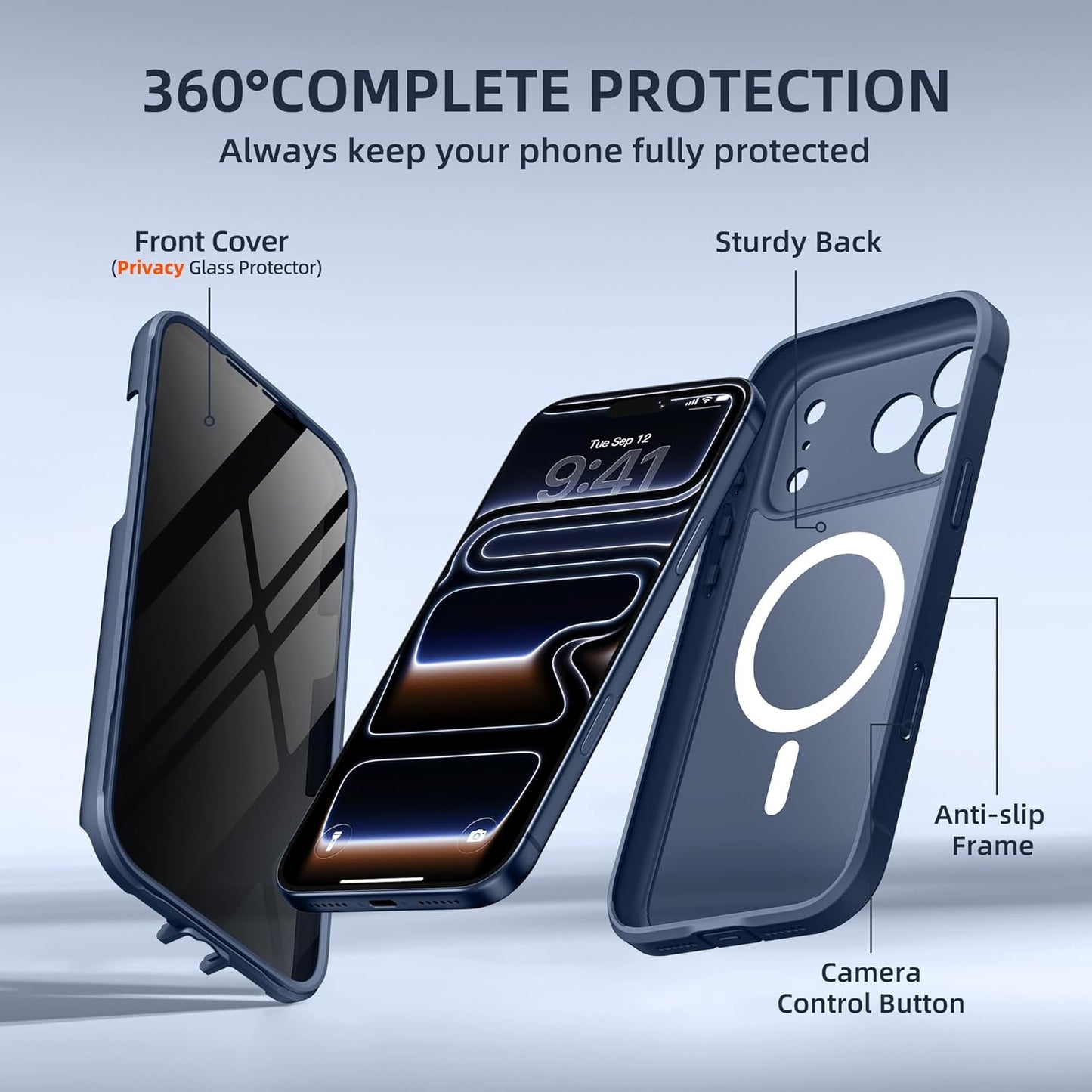 BERFY 17 6.3", for iPhone Pro Case, Compatible with MagSafe, Built-in Privacy Screen Protector, Camera Protection