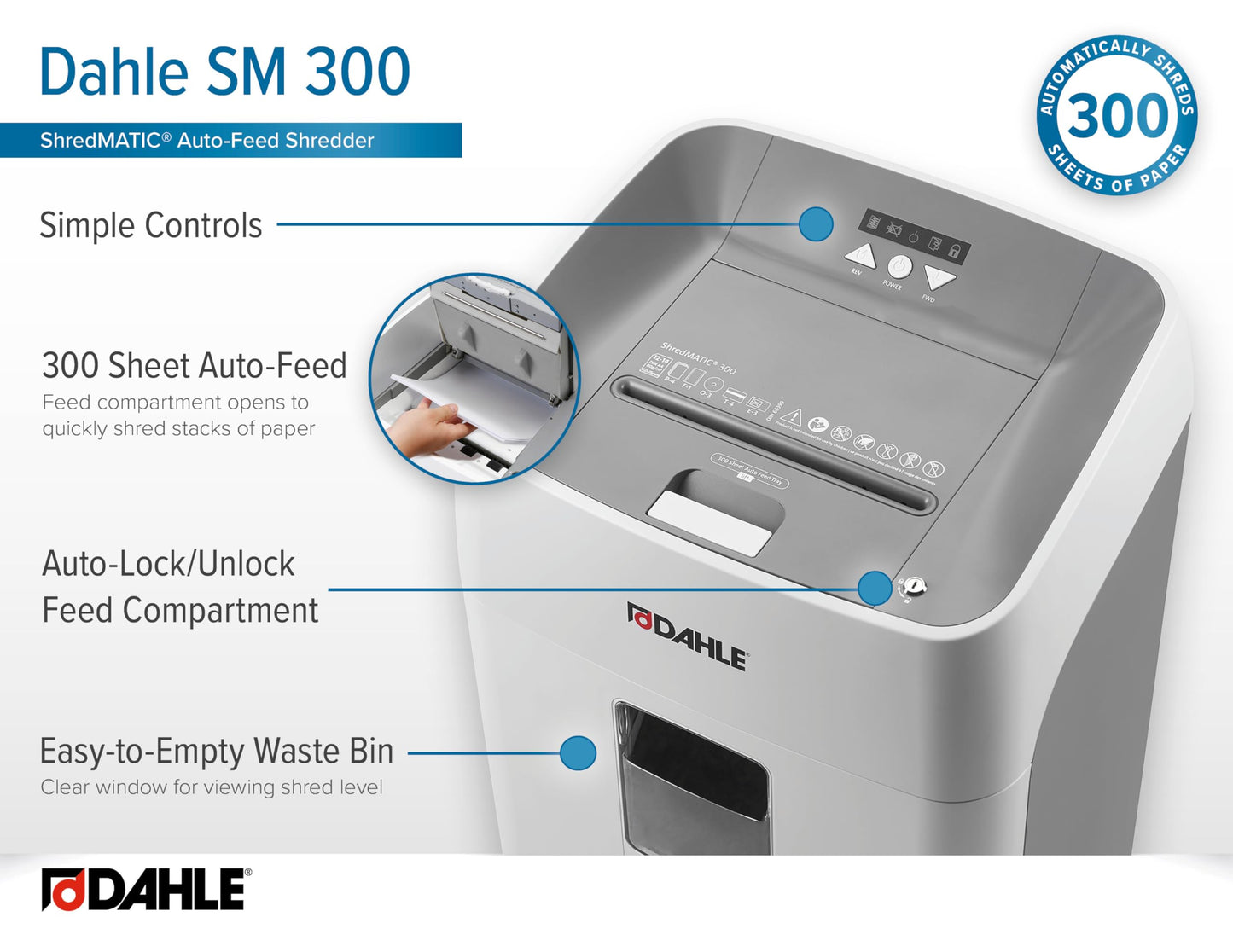Dahle ShredMATIC SM 300 Auto Feed Paper Shredder, 300-Sheet Capacity, Cross-Cut, P-4 Security, Jam-Free & Oil-Free, Shreds CDs, Credit Cards, Staples & Paper Clips, German Engineered