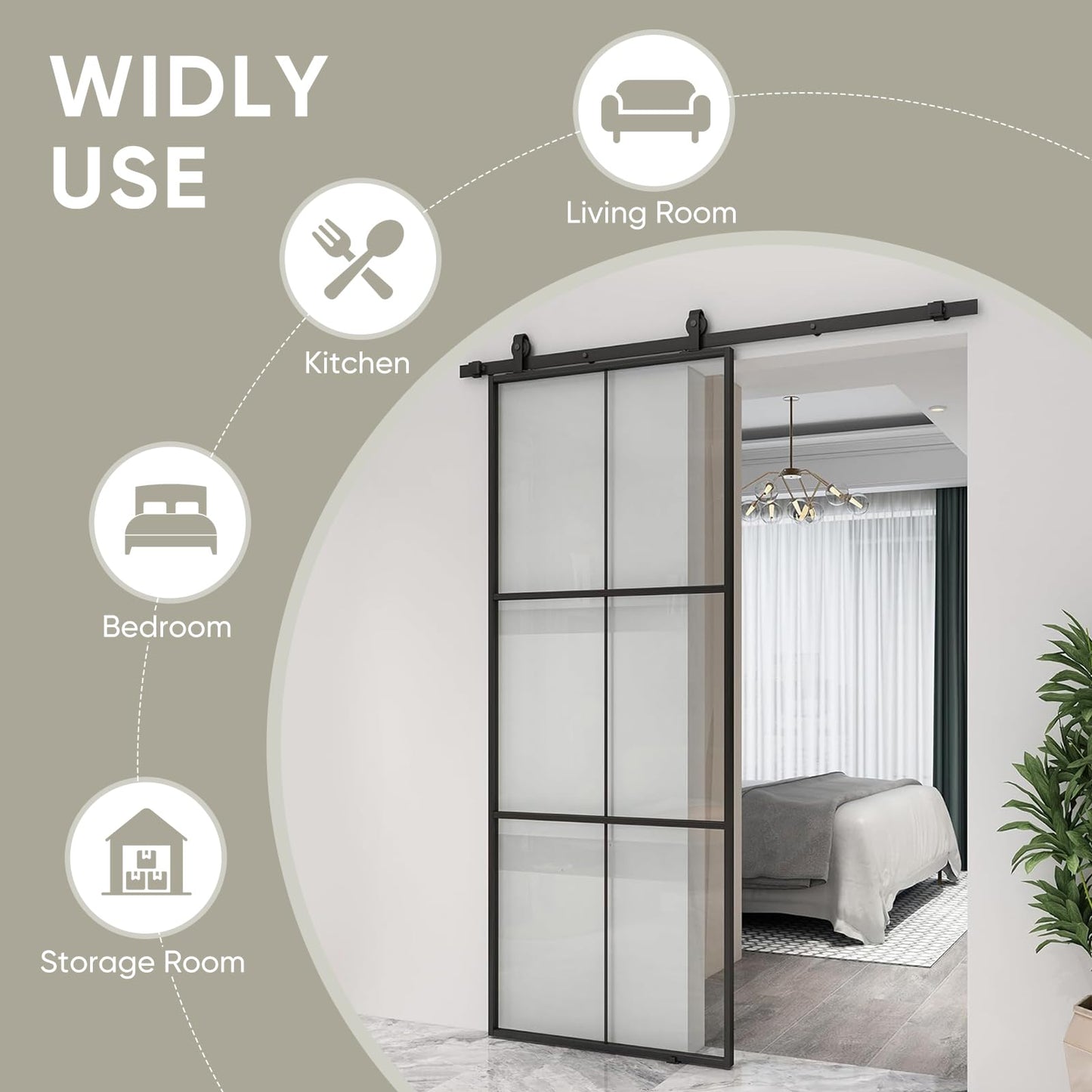JUBEST 38in x 96in Glass Sliding Barn Door with 6.6ft Hardware kit, 3-Panel Black Aluminum Frame and Clear Tempered Glass Modern French Door, Easy to Install