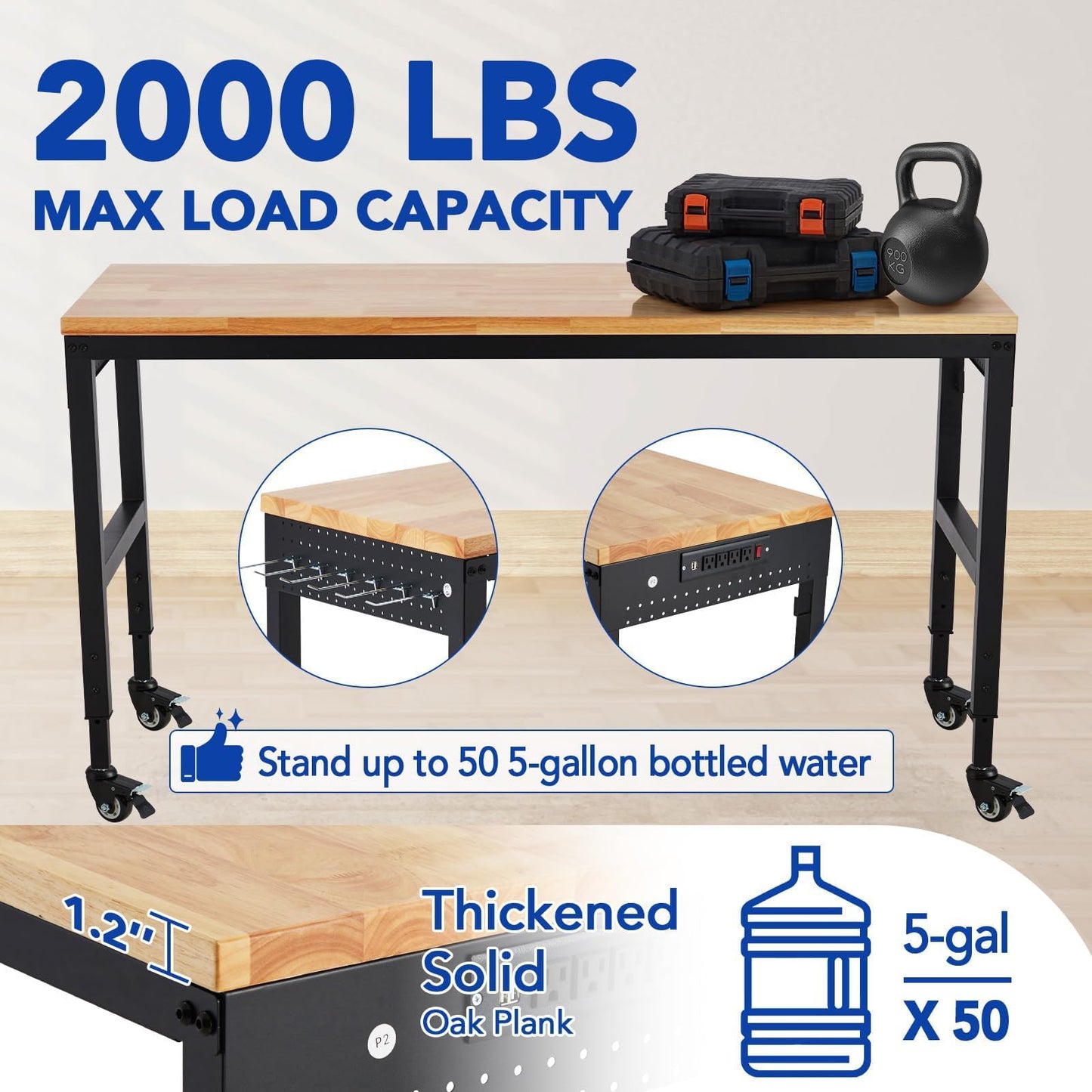 GarveeLife Adjustable Workbench,72 in x 25 in Heavy-Duty Rubber Wood Shop Table with 28.3-38.1 in Height Adjustment,2000 LBS Load Capacity,Garage Workbench with Power Outlets & Lockable Wheels