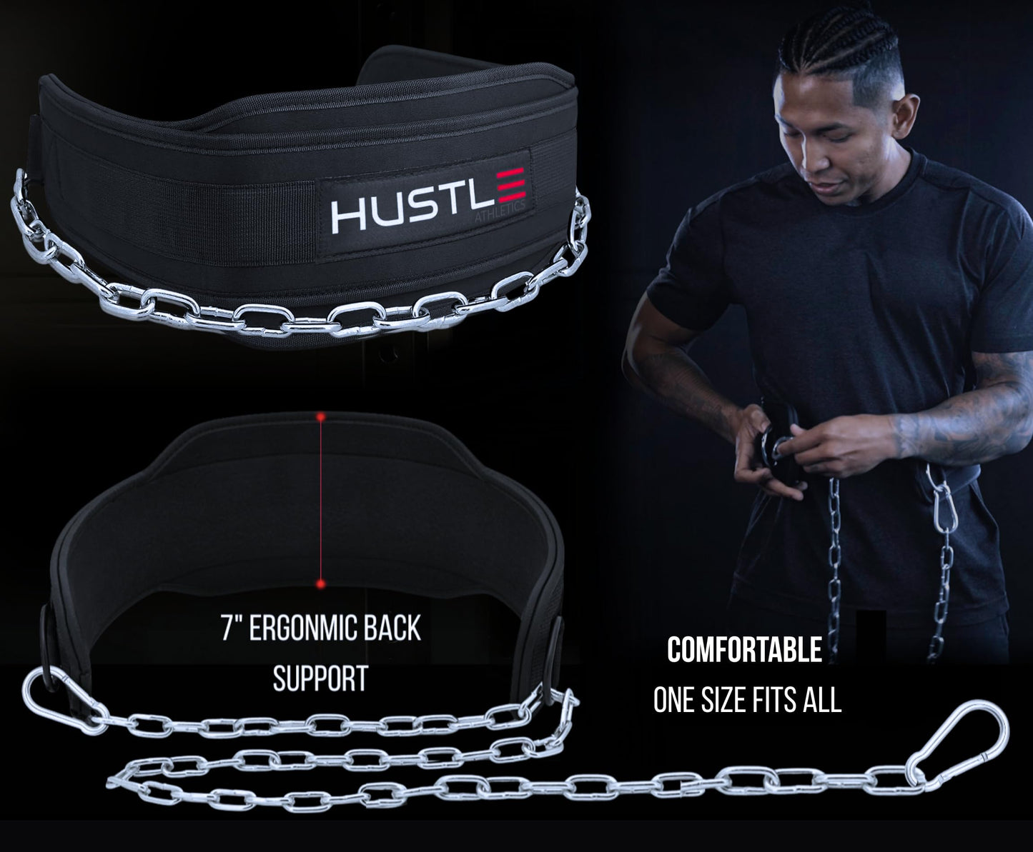 Dip Belt with Chain for Weightlifting – 42in Steel Belt Chain, 7in Padded Back Support, 400lb Capacity – Weighted Belt for Pullups, Dips, Squats – Heavy Duty Weight Belt for Men and Women