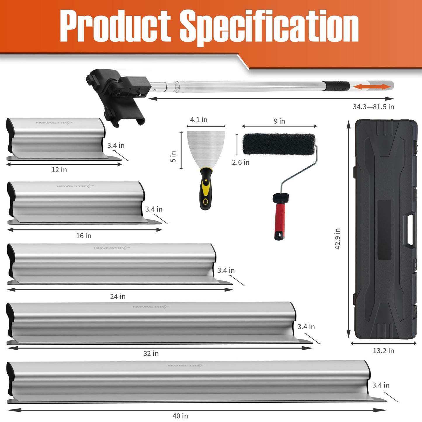 Professional Drywall Skimming Blade Kit (12", 16", 24", 32" & 40"), Stainless Steel Wall Finishing Tools with Extension Pole, Roller & Putty Knife, Lightweight Set with Carrying Case