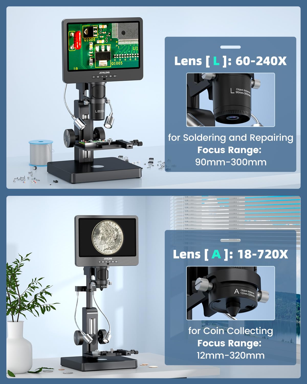 JOYALENS JL269S 5 Lens 10.1'' HDMI Digital Microscope 5000X with Endoscope, 24MP Biological Microscope for Adults Kids Home Lab, Coin Microscopes Full View for Error Coins, Windows PC Compatible, 32GB