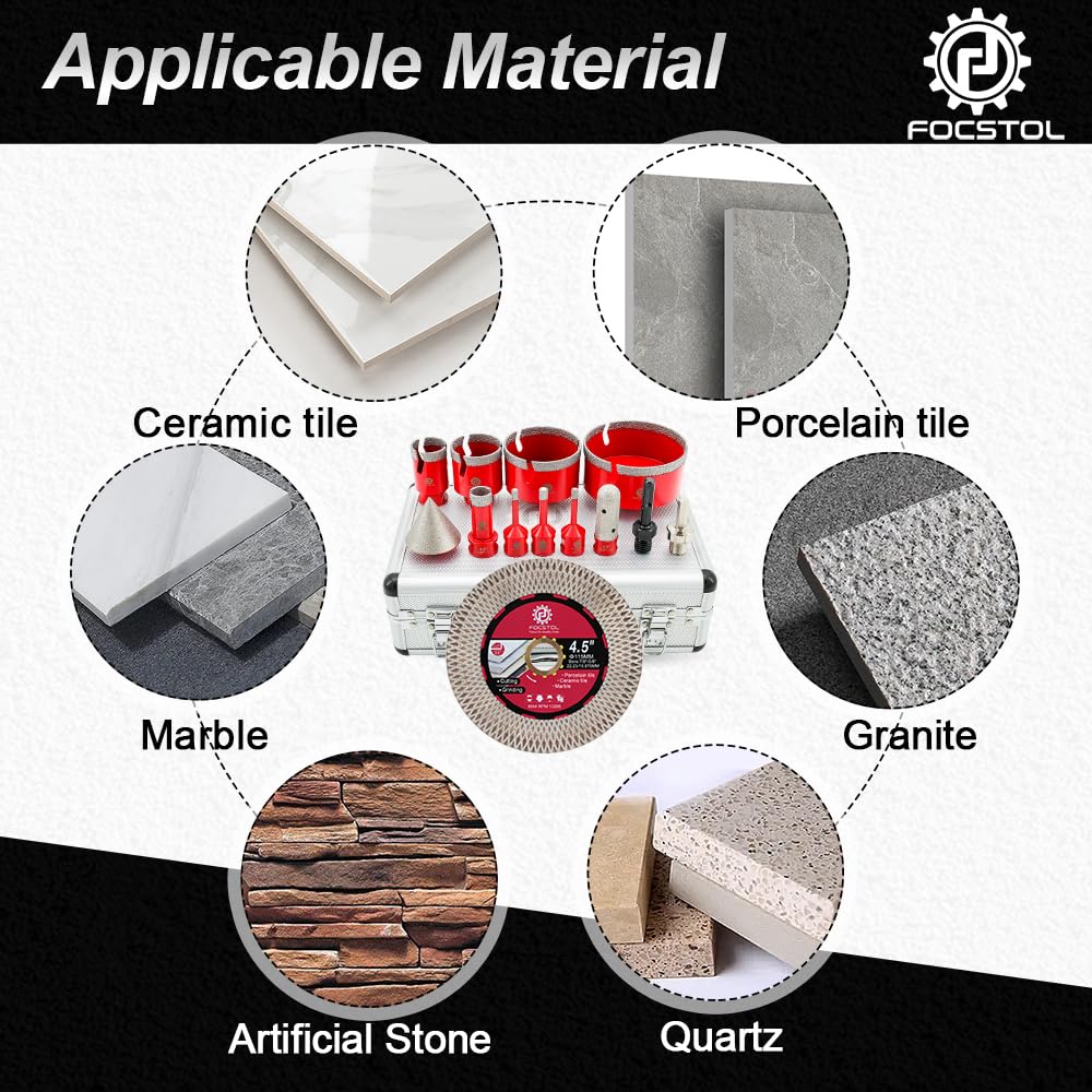 Diamond Tile Hole Saw Kit 13pcs - (6/6/8/20/35/50/75/100mm+20mm Milling Bit+50mm Beveling Chamfer Bit+Hex+SDS+115mm Saw Blade) Diamond Core Drill Bit Set for Porcelain Tile Ceramic Marble FOCSTOL