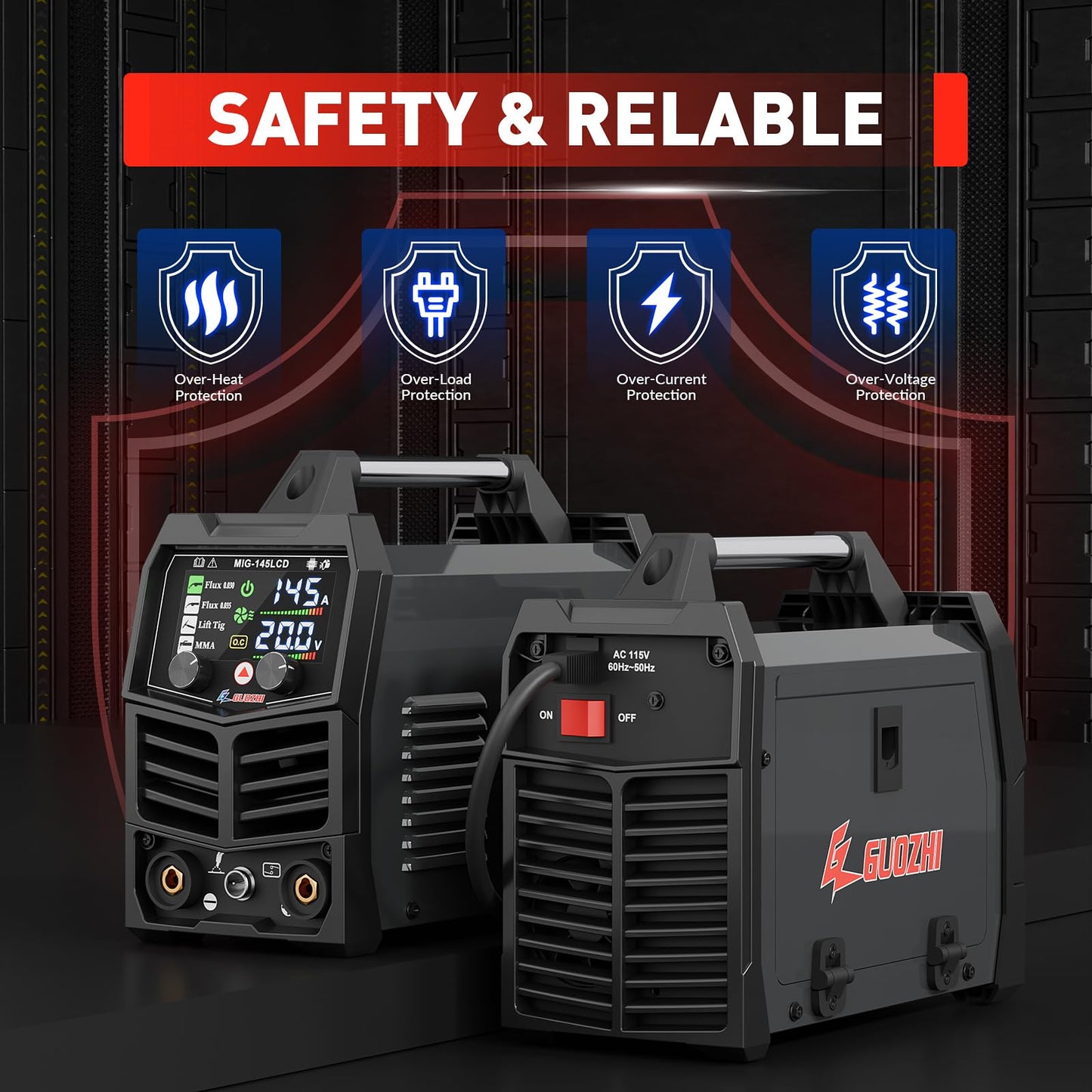GZ GUOZHI 145A MIG Welder, 3 in 1 Welders FLUX MIG/Lift TIG/ARC Multi-Process Welder, 110V Welding Machine, ‌Flux Core Welder with upgrade Large LCD Screen