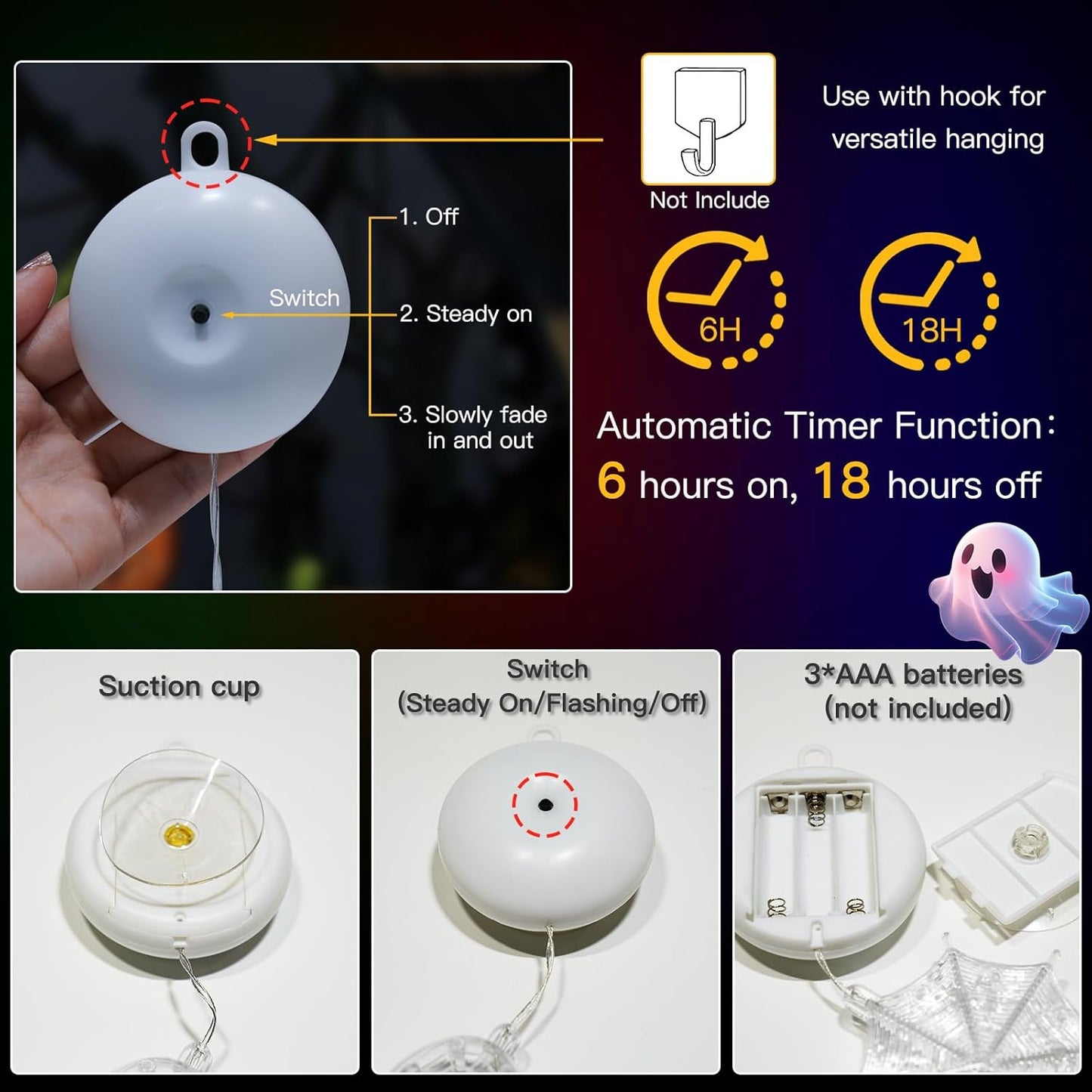Suddus Halloween Lights - 3 Pack Battery Operated with Timer | Orange Pumpkin, Violet Spider & Green Witch Hat Decor