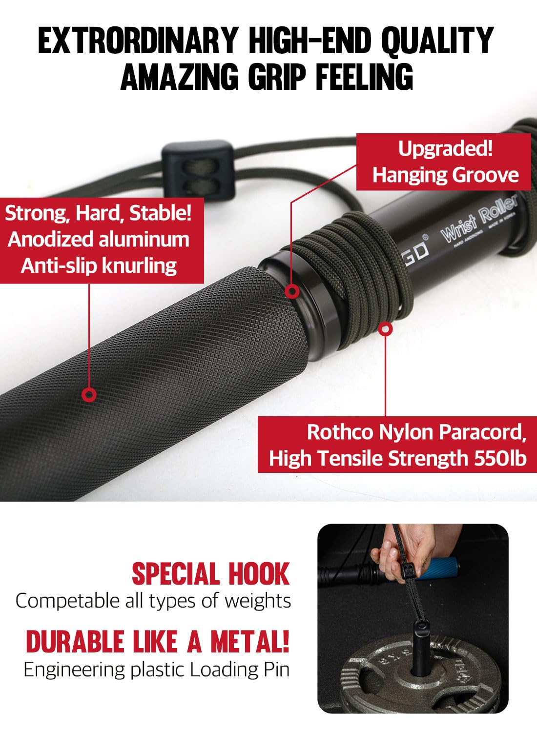 GD Hanging Wrist Roller Forearm Blaster- Forearm Strengthener Exercise Equipment Wrist Trainer for Muscle building and Injury prevention Hand Grip Strength (Hanging Wrist Roller Premium(Rope : Black))