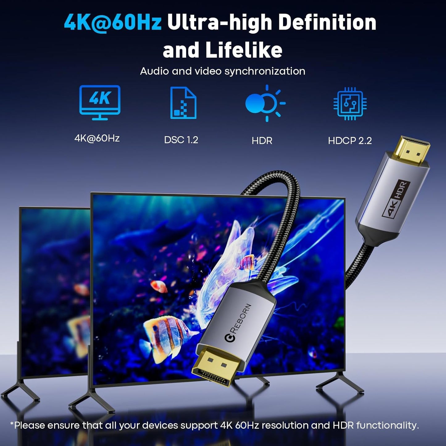 10FT 4K@60Hz/ 2K@120Hz, 1.2 1.4 Reborn DisplayPort to HDMI Cable - Unidirectional Display Port Source to HDMI Screen