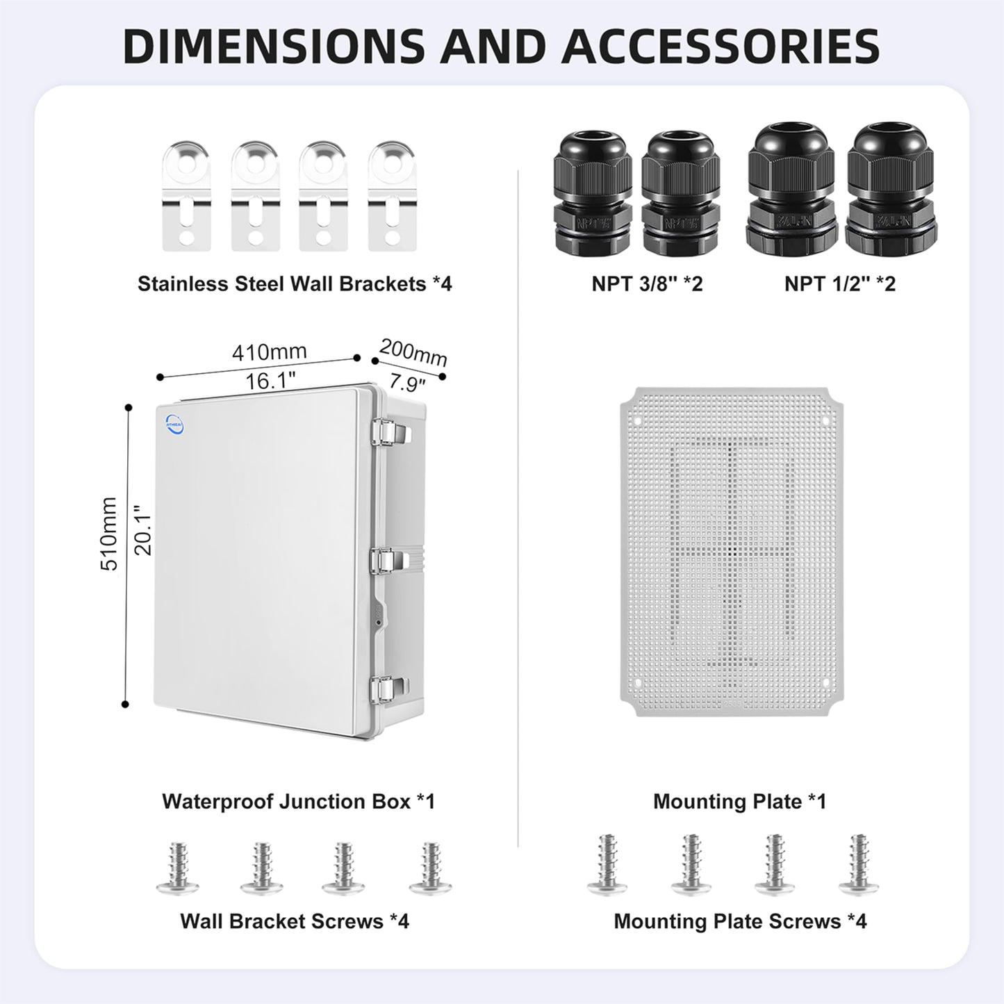 RTHIEAI Waterproof Outdoor IP67 Junction Box(20.1"x16.1"x7.9") with Mounting Plate, Hinged Grey Cover and Wall Brackets - Weatherproof ABS Plastic Electrical Enclosure for DIY Projects(510x410x200mm)